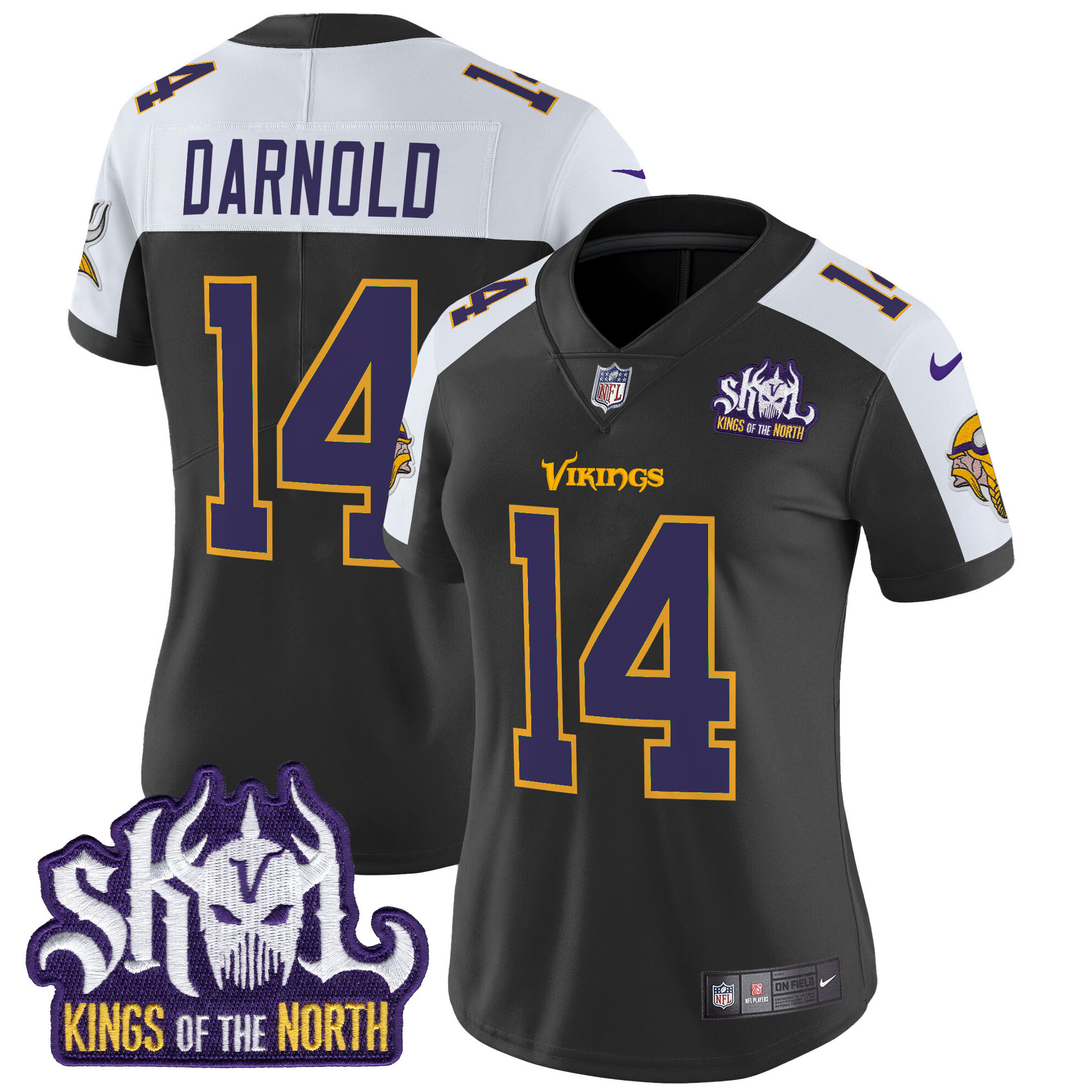 Women's Sam Darnold Minnesota Vikings King Of The North Patch Throwback Vapor Limited Black Alternate Jersey - All Stitched