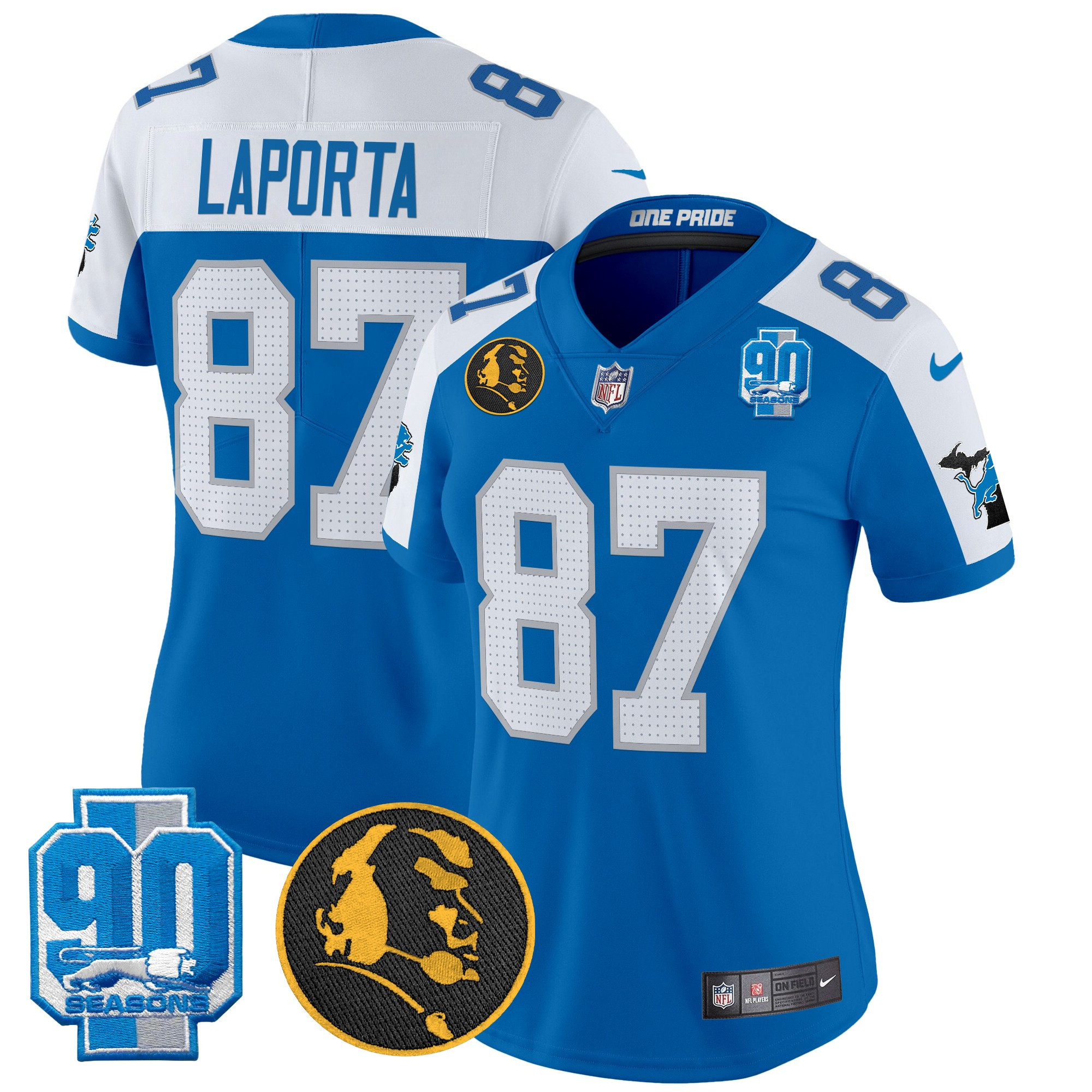 Women's Sam Laporta Detroit Lions 2024 90th & John Madden Patch Vapor Limited Blue Alternate Jersey - All Stitched
