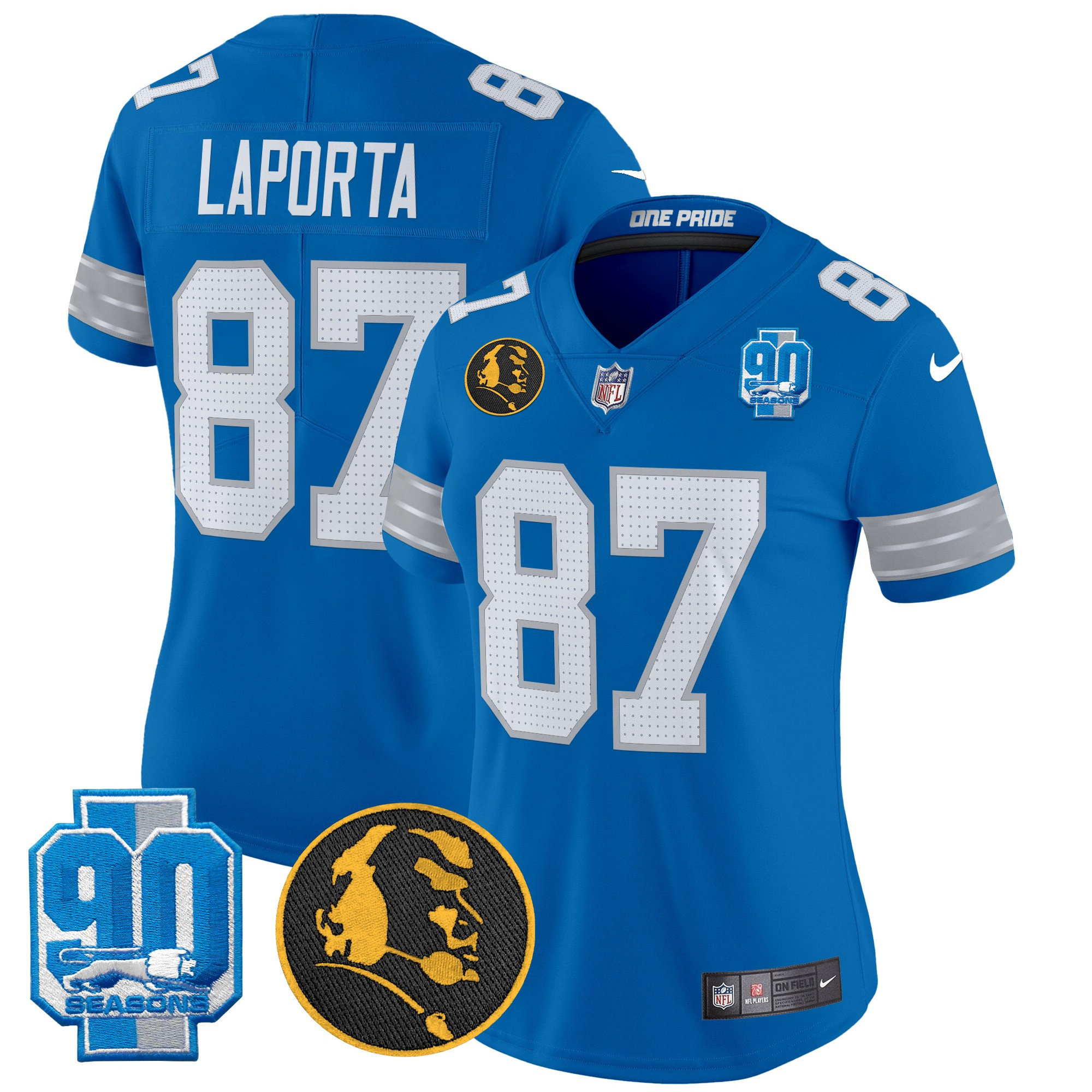 Women's Sam Laporta Detroit Lions 2024 90th & John Madden Patch Vapor Limited Blue Jersey - All Stitched