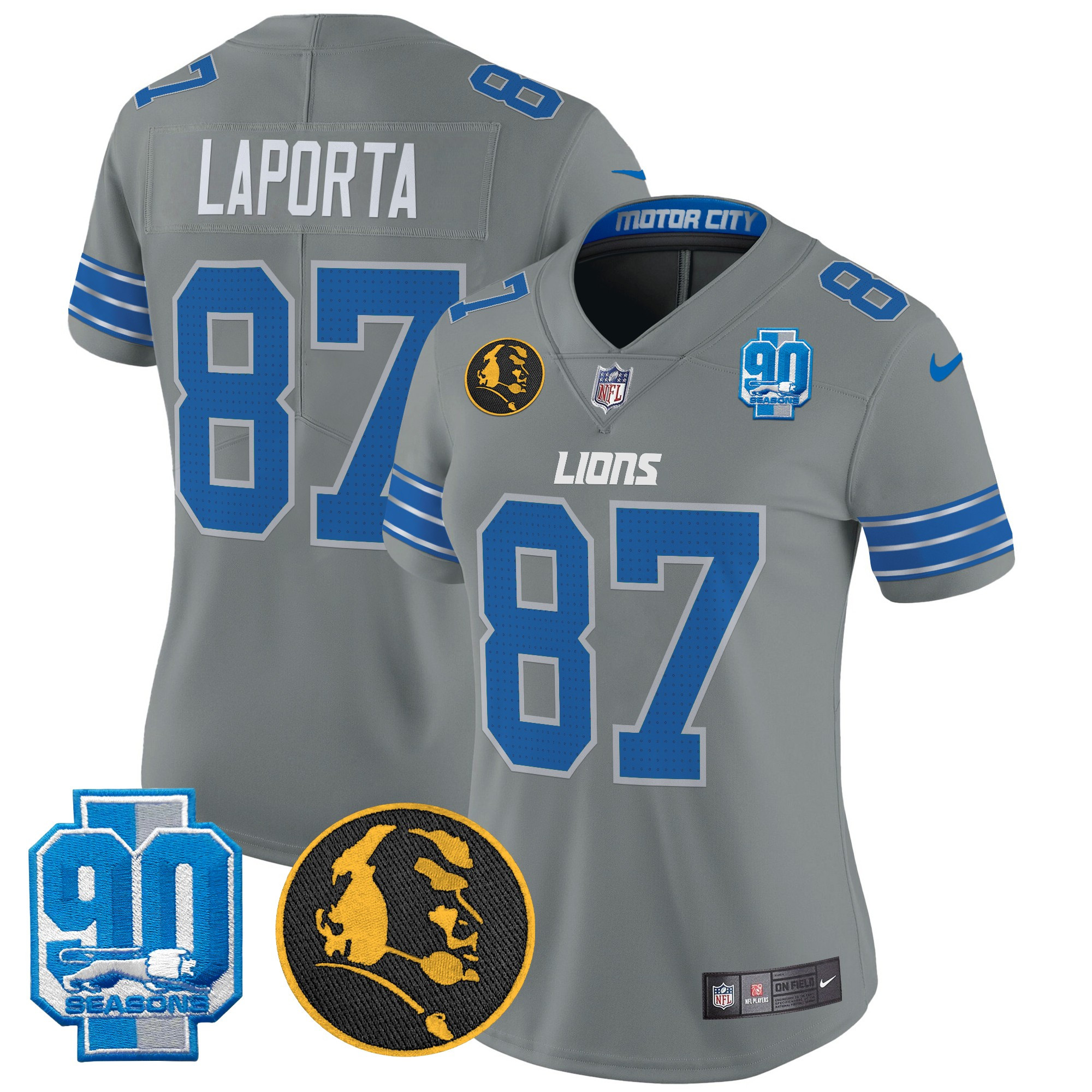 Women's Sam Laporta Detroit Lions 2024 90th & John Madden Patch Vapor Limited Gray Jersey - All Stitched
