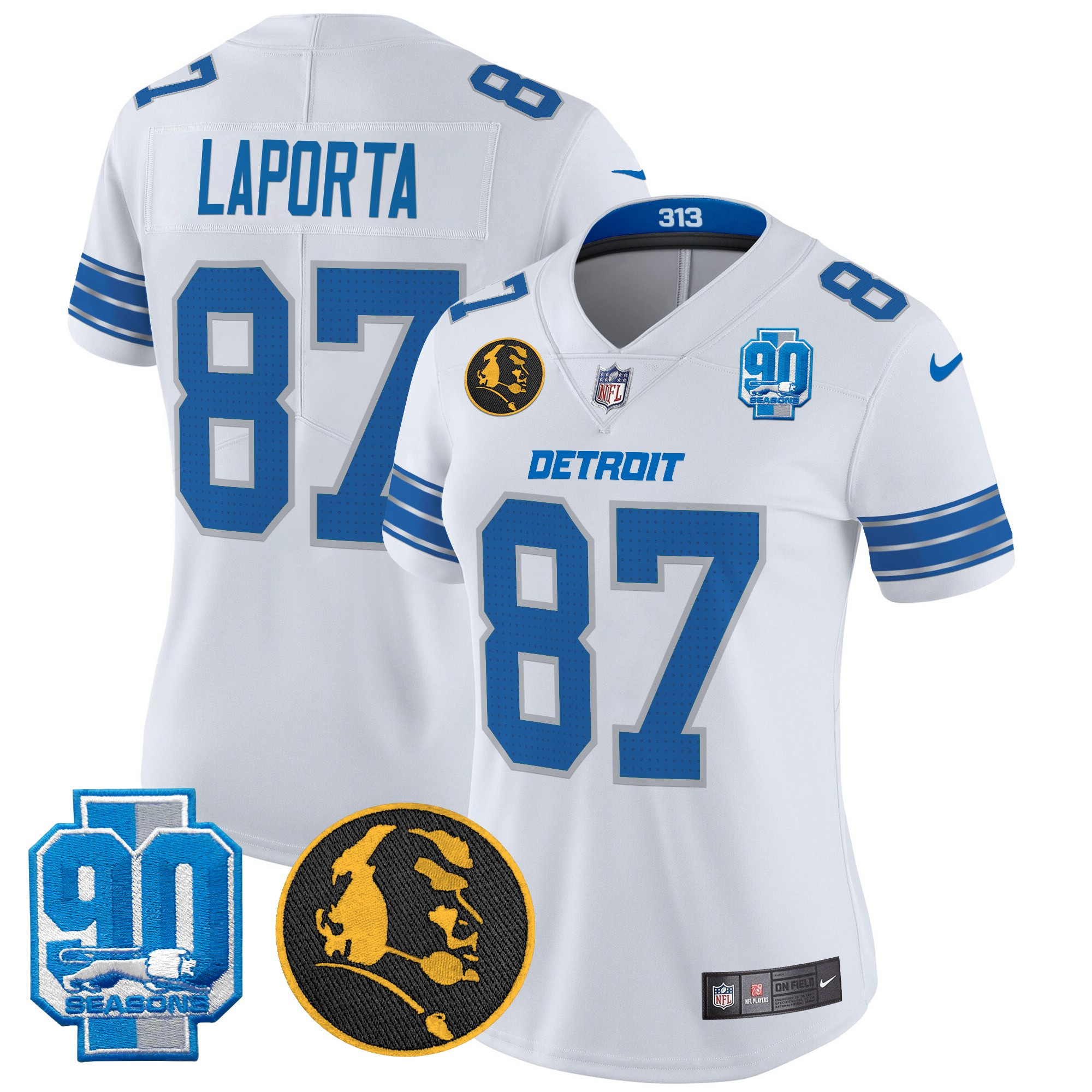 Women's Sam Laporta Detroit Lions 2024 90th & John Madden Patch Vapor Limited White Jersey - All Stitched