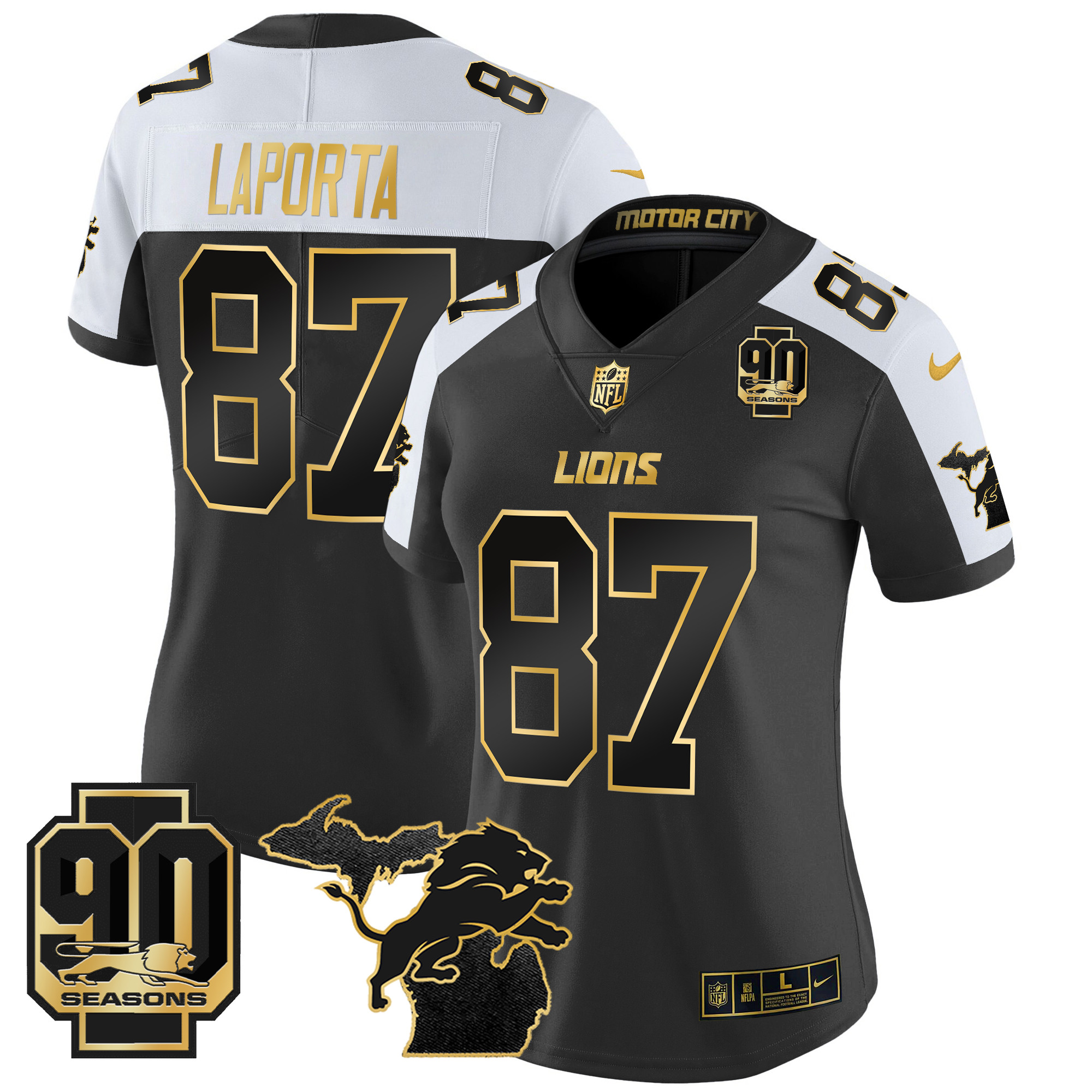 Women's Sam Laporta Detroit Lions 2024 Michigan & 90th Year Patch Gold Vapor Limited Alternate Jersey - All Stitched