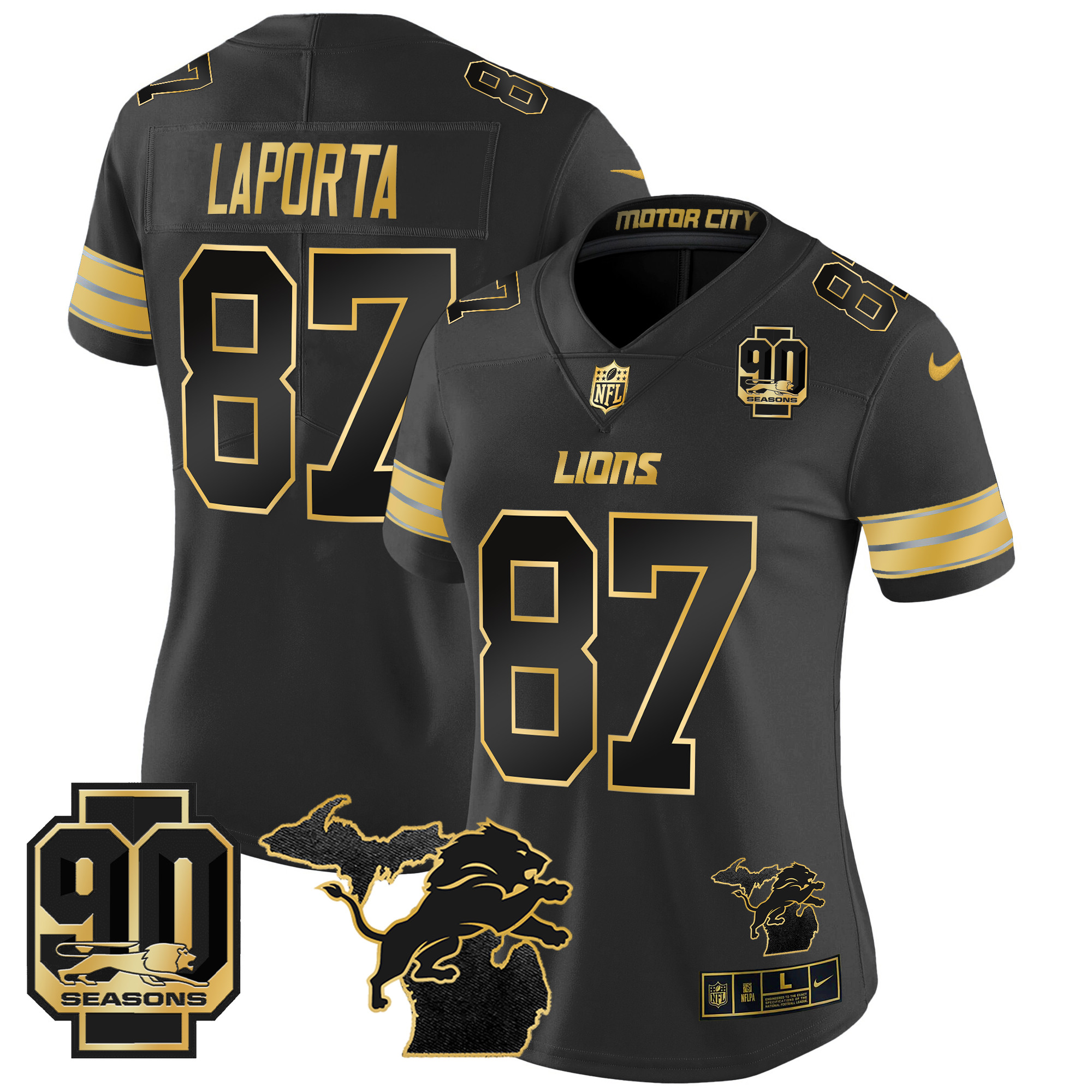 Women's Sam Laporta Detroit Lions 2024 Michigan & 90th Year Patch Gold Vapor Limited Black Gold Jersey - All Stitched