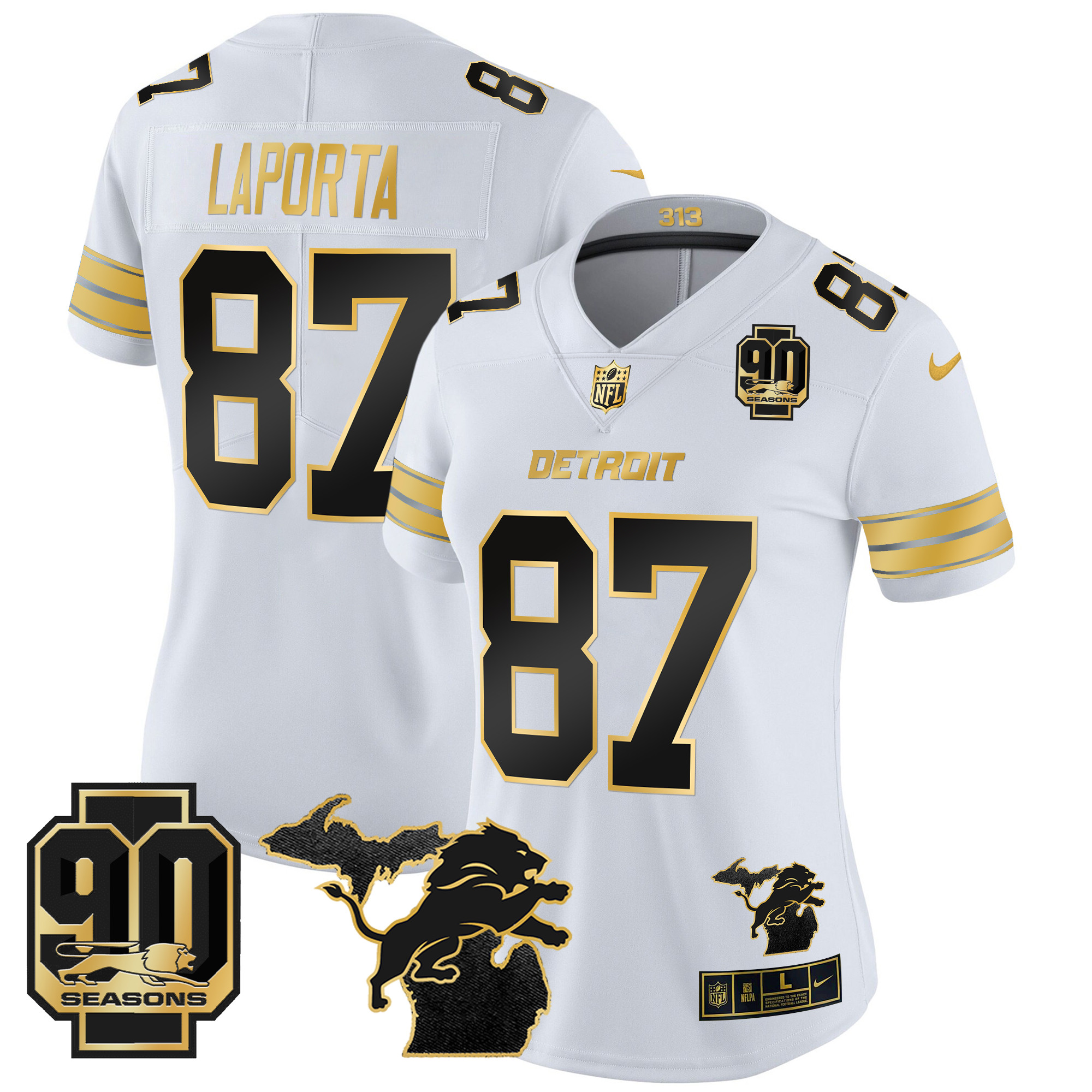 Women's Sam Laporta Detroit Lions 2024 Michigan & 90th Year Patch Gold Vapor Limited White Gold Jersey - All Stitched
