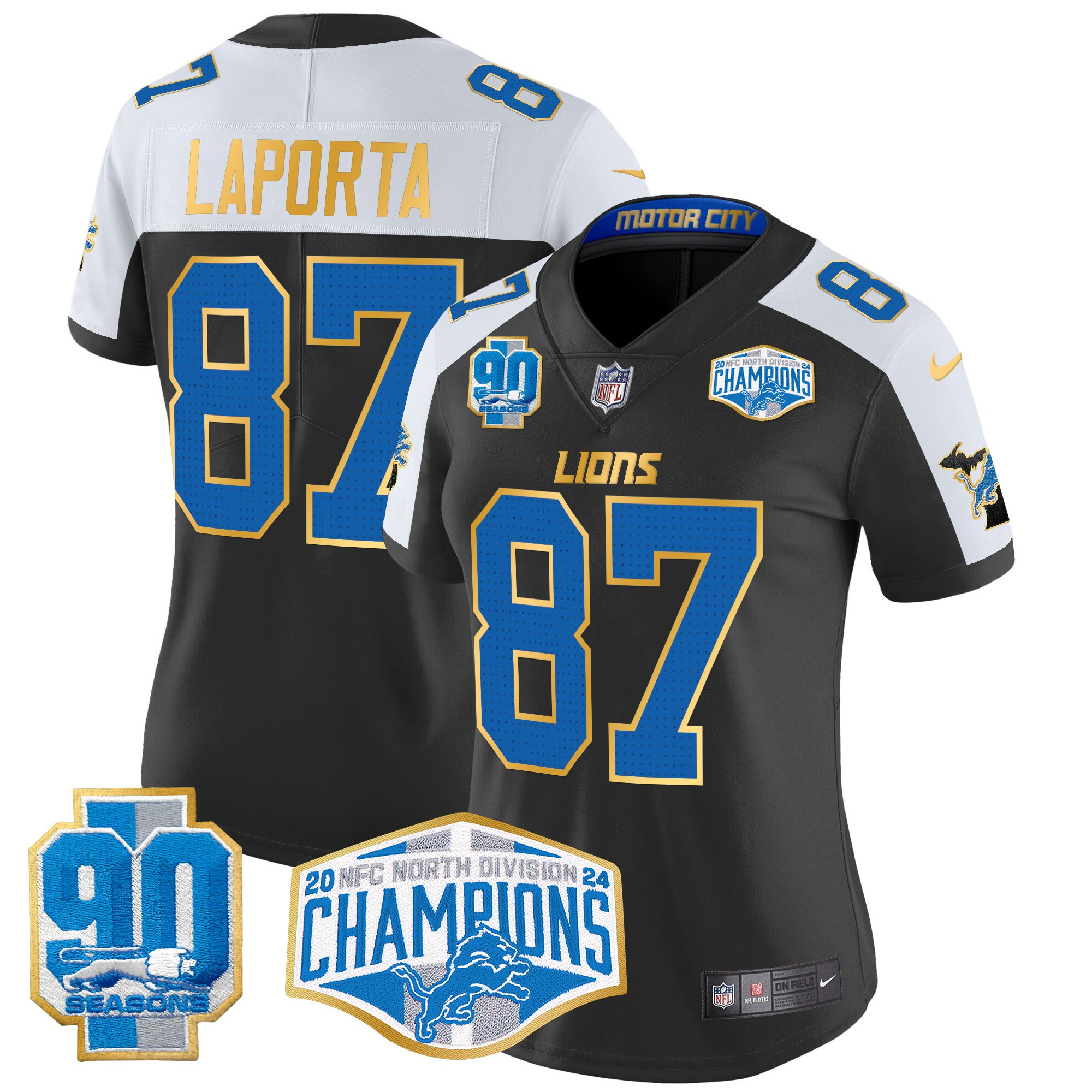Women's Sam Laporta Detroit Lions 2024 NFC North Division Champions Patch Gold Trim Vapor Limited Black Alternate Jersey - All Stitched
