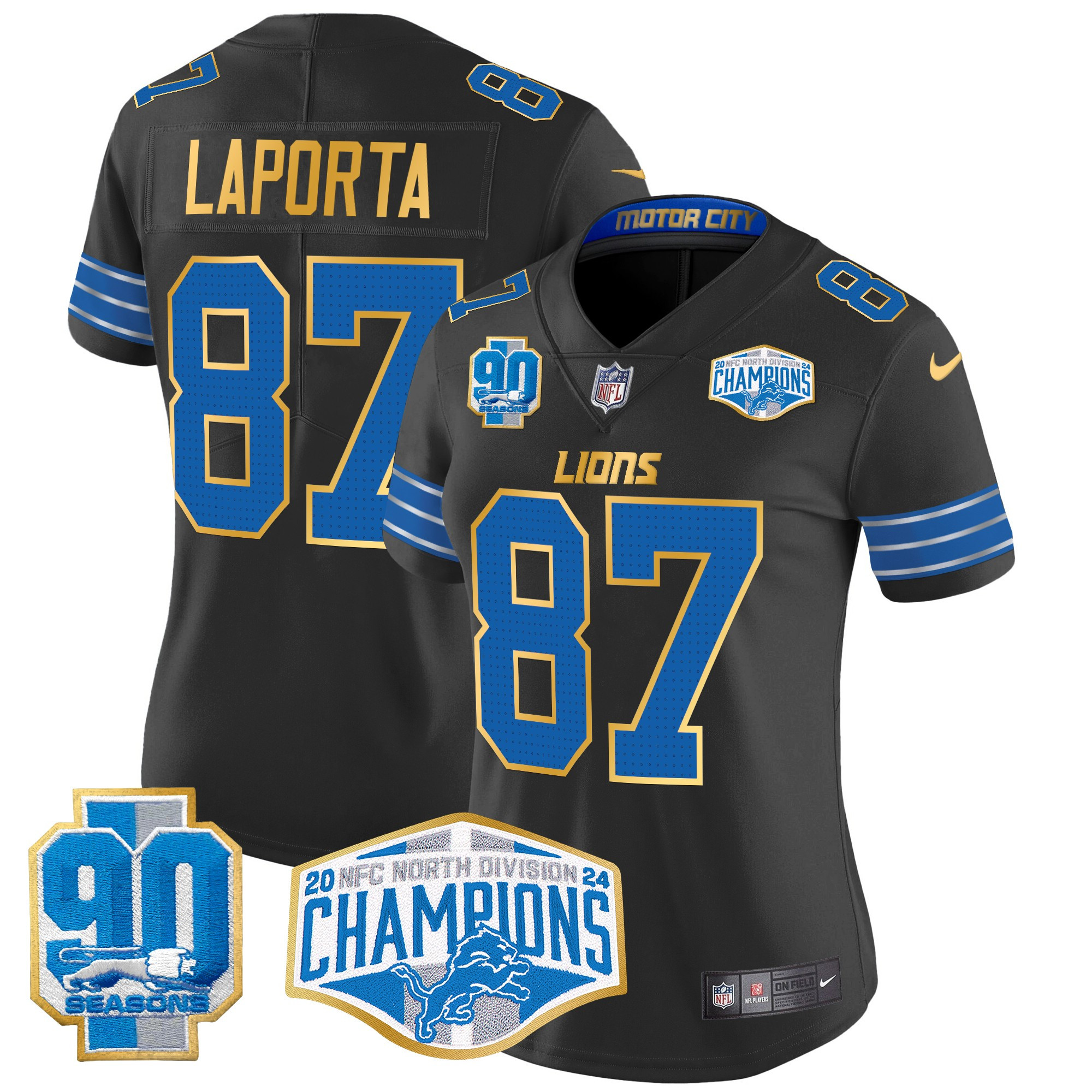 Women's Sam Laporta Detroit Lions 2024 NFC North Division Champions Patch Gold Trim Vapor Limited Black Jersey - All Stitched