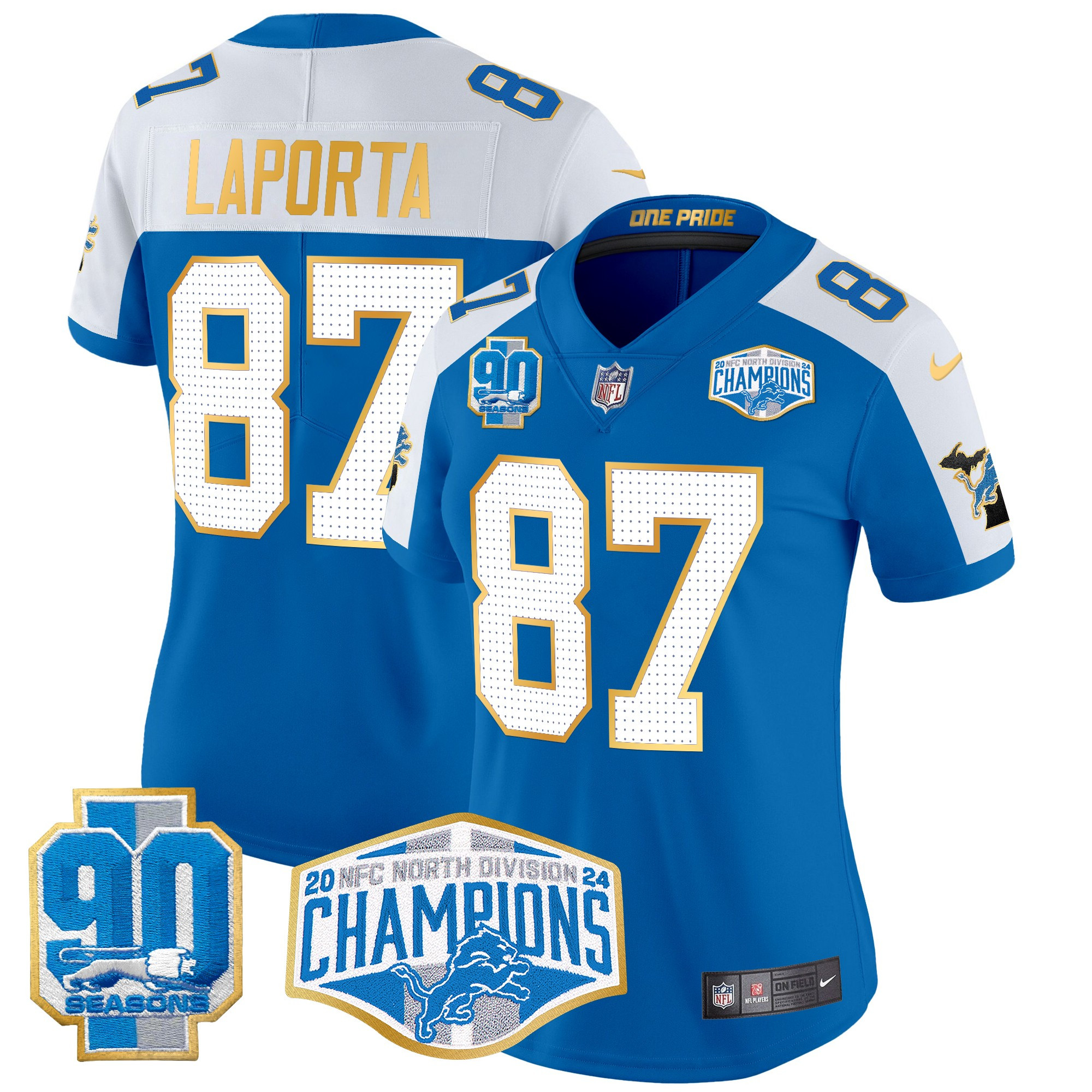 Women's Sam Laporta Detroit Lions 2024 NFC North Division Champions Patch Gold Trim Vapor Limited Blue Alternate Jersey - All Stitched