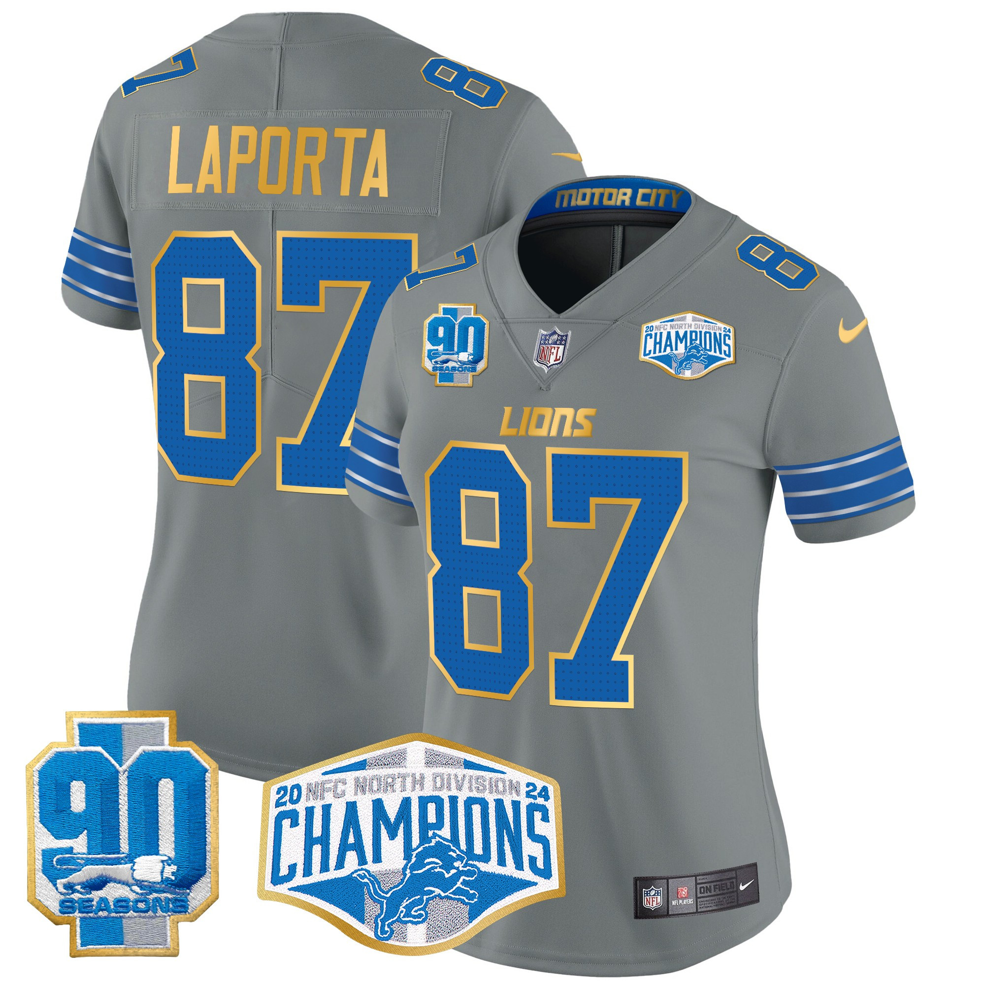 Women's Sam Laporta Detroit Lions 2024 NFC North Division Champions Patch Gold Trim Vapor Limited Gray Jersey - All Stitched