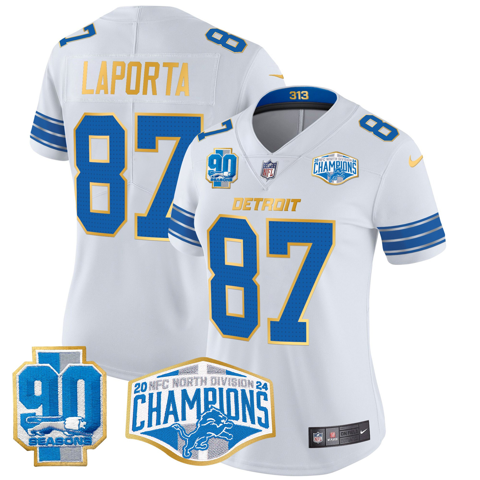 Women's Sam Laporta Detroit Lions 2024 NFC North Division Champions Patch Gold Trim Vapor Limited White Jersey - All Stitched