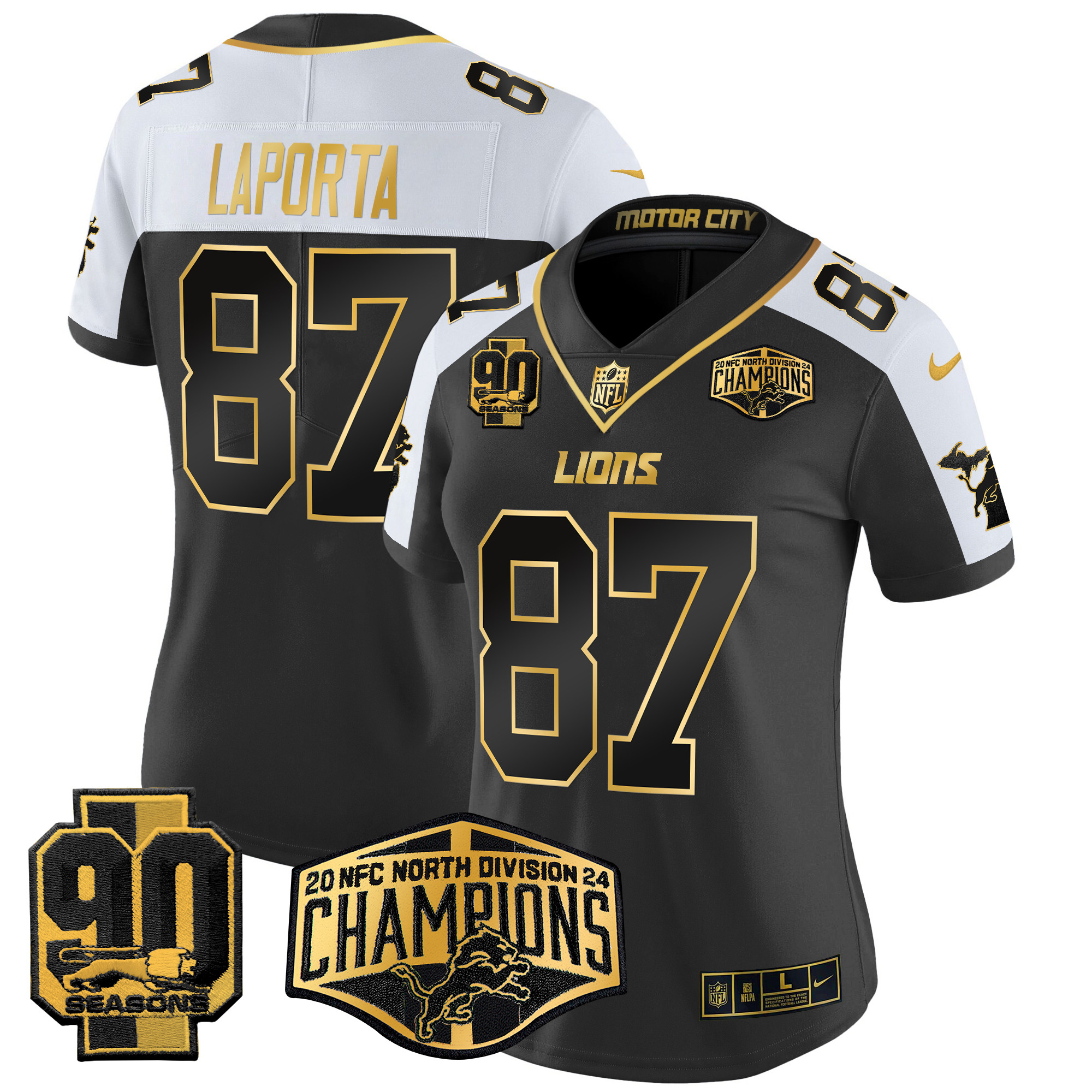 Women's Sam Laporta Detroit Lions 2024 NFC North Division Champions Patch Gold Vapor Limited Alternate Jersey - All Stitched
