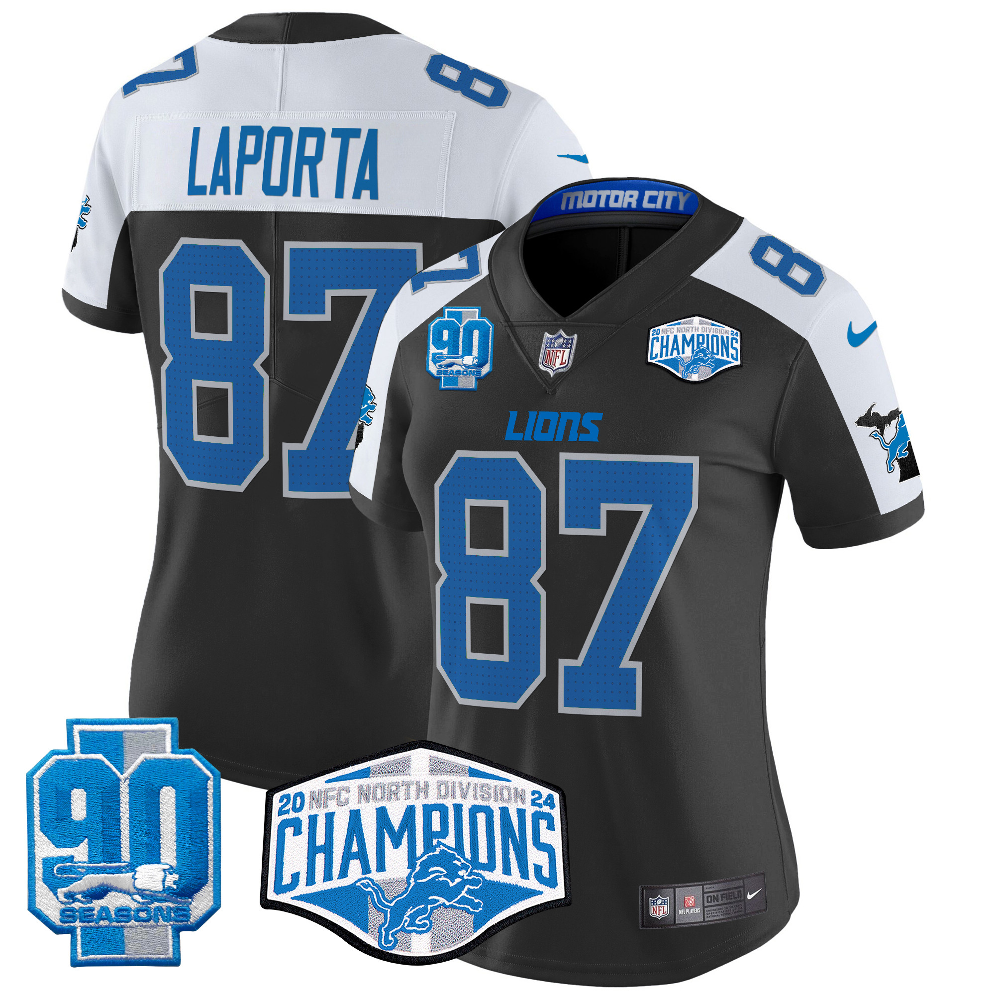 Women's Sam Laporta Detroit Lions 2024 NFC North Division Champions Patch Vapor Limited Black Alternate Jersey - All Stitched