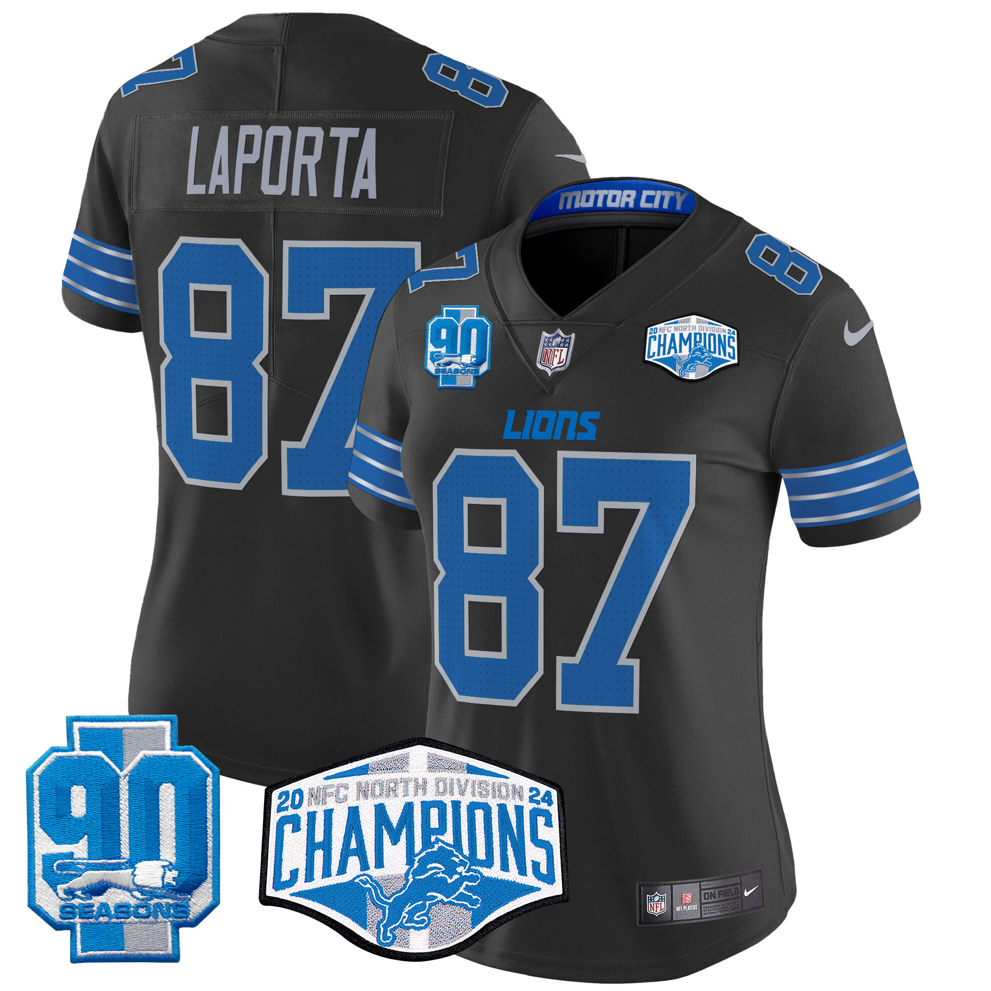Women's Sam Laporta Detroit Lions 2024 NFC North Division Champions Patch Vapor Limited Black Jersey - All Stitched