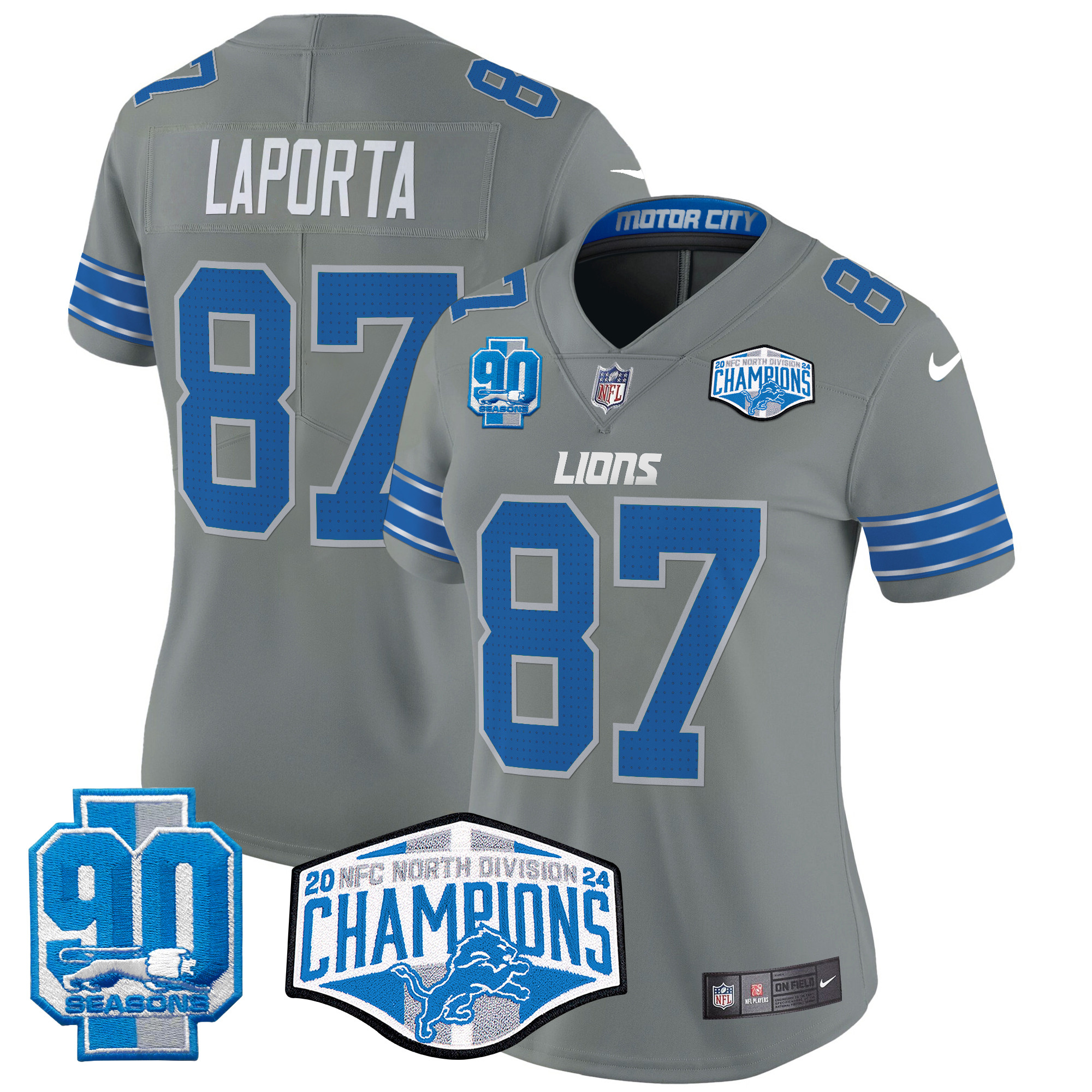 Women's Sam Laporta Detroit Lions 2024 NFC North Division Champions Patch Vapor Limited Gray Jersey - All Stitched