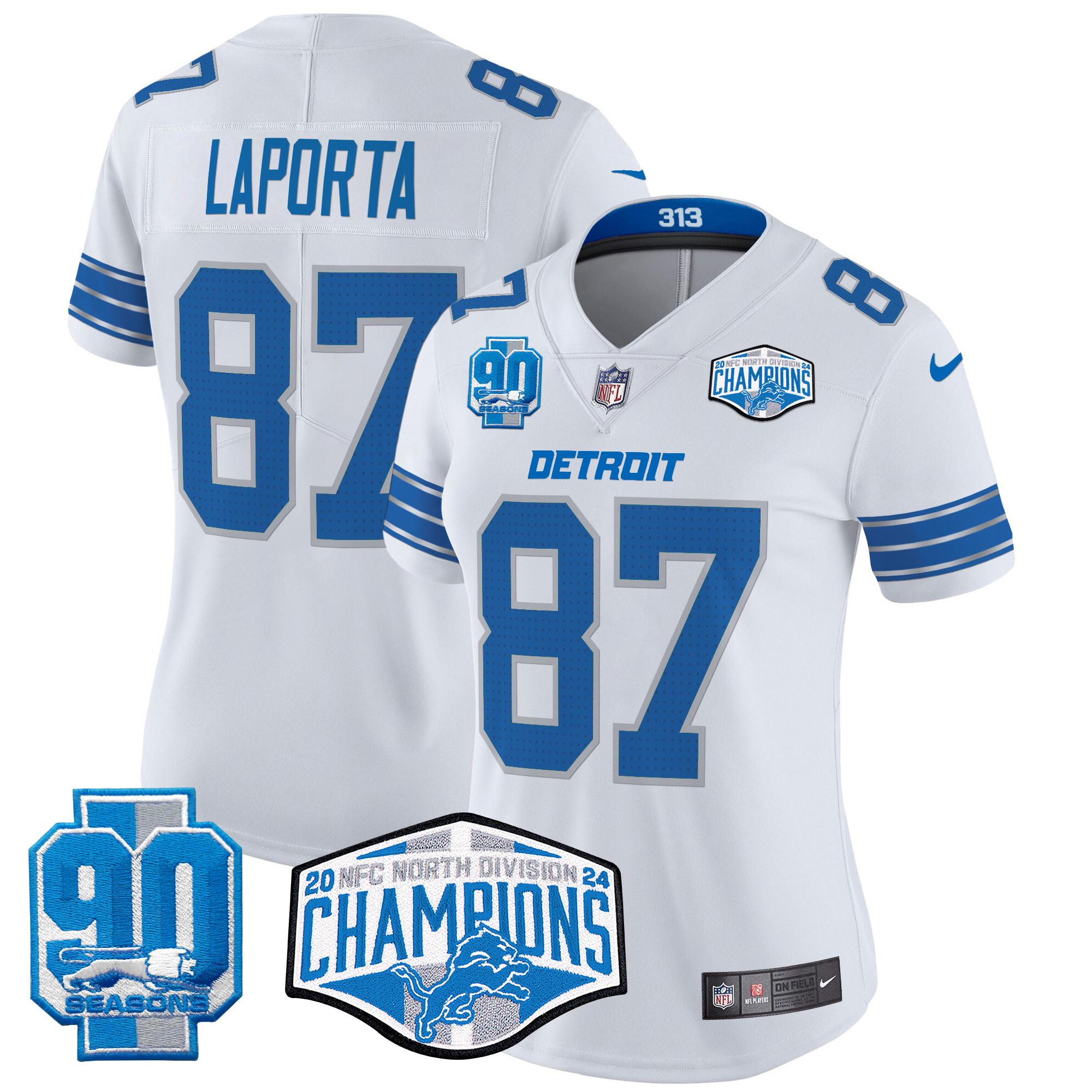 Women's Sam Laporta Detroit Lions 2024 NFC North Division Champions Patch Vapor Limited White Jersey - All Stitched