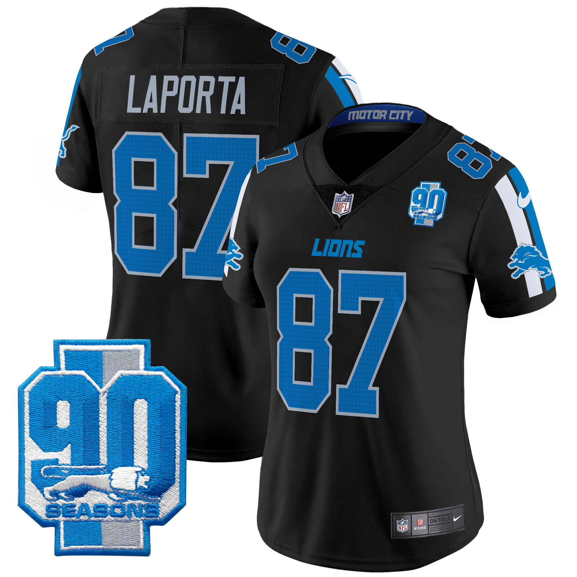 Women's Sam Laporta Detroit Lions 90th Year Patch Vapor Limited Black Jersey - All Stitched