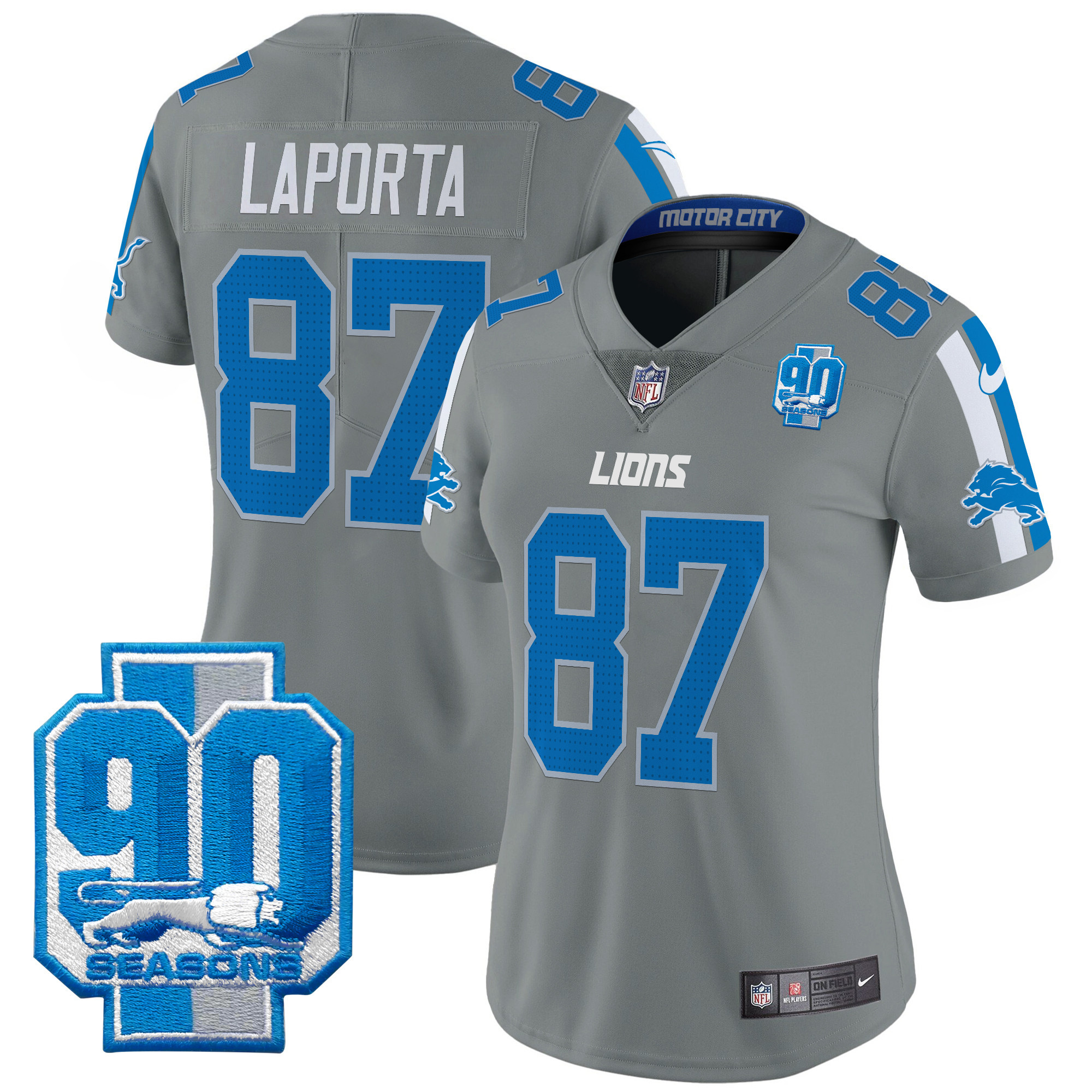 Women's Sam Laporta Detroit Lions 90th Year Patch Vapor Limited Gray Jersey - All Stitched