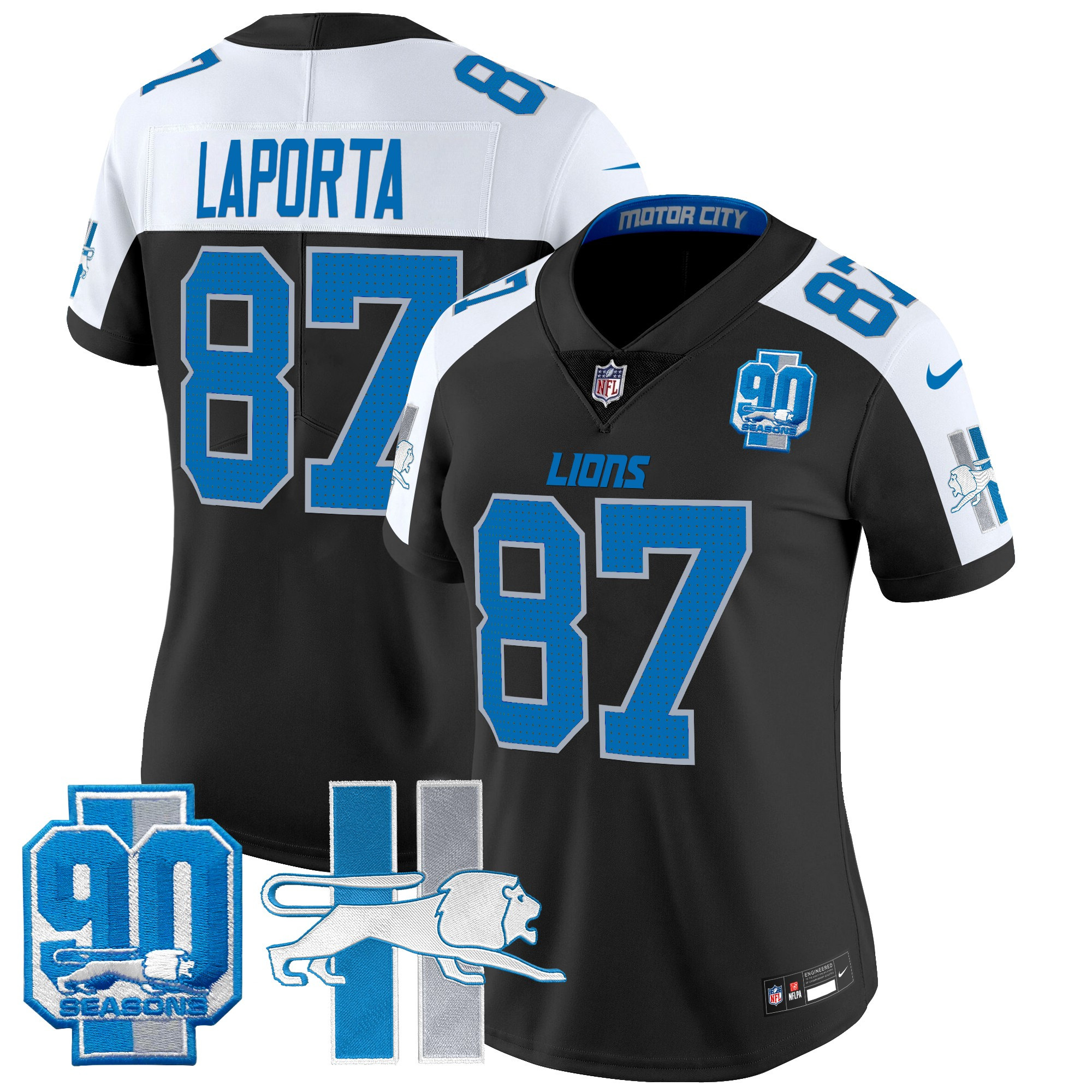Women's Sam Laporta Detroit Lions Throwback 90th Year Patch Vapor Limited Black Alternate Jersey - All Stitched