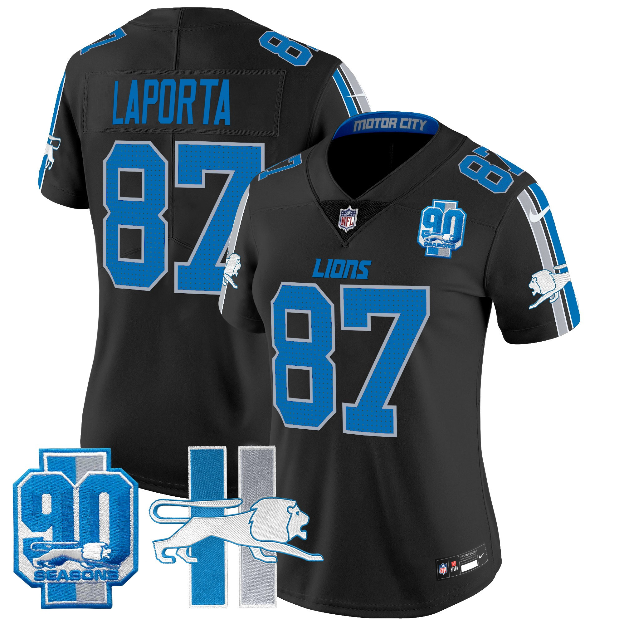 Women's Sam Laporta Detroit Lions Throwback 90th Year Patch Vapor Limited Black Jersey - All Stitched