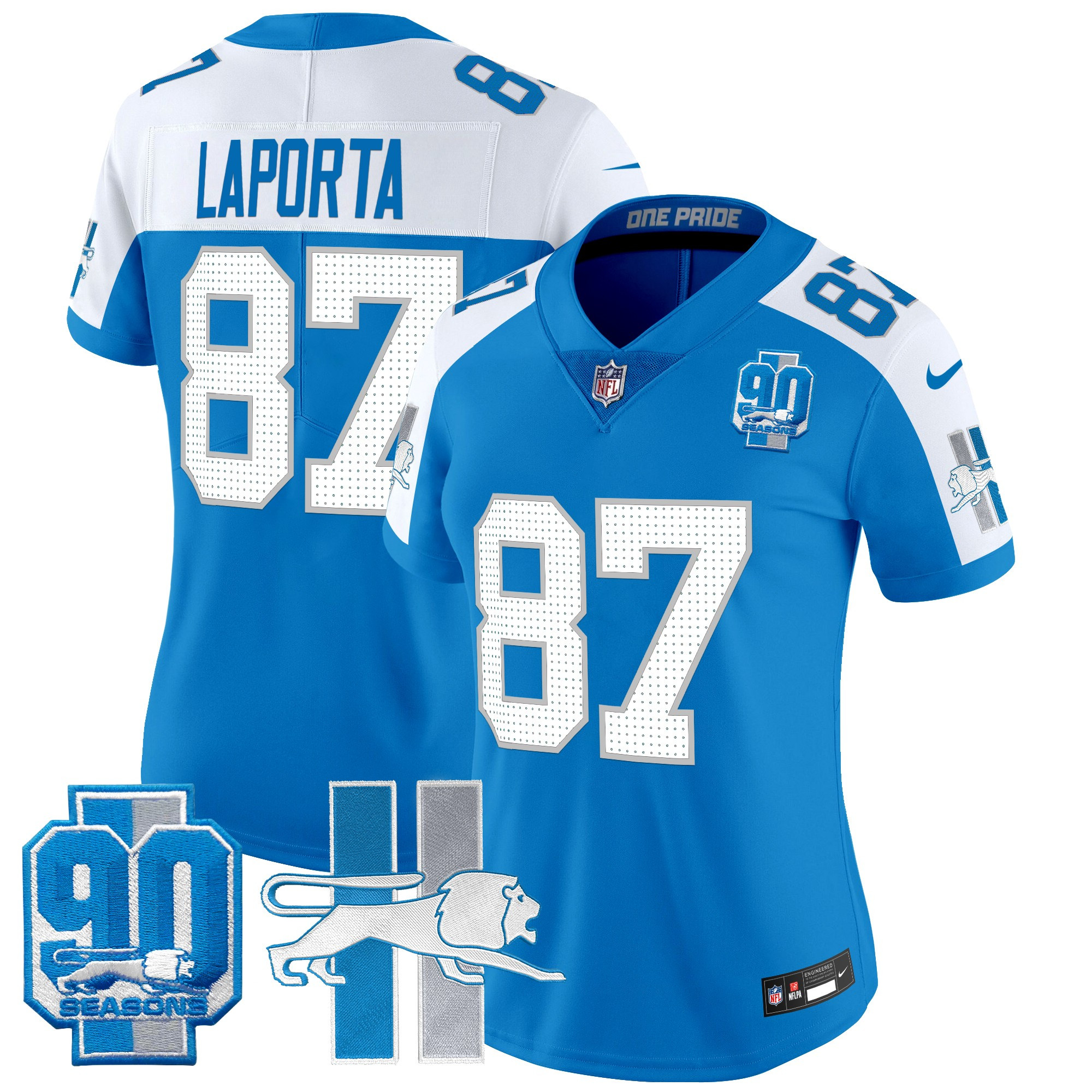 Women's Sam Laporta Detroit Lions Throwback 90th Year Patch Vapor Limited Blue Alternate Jersey - All Stitched
