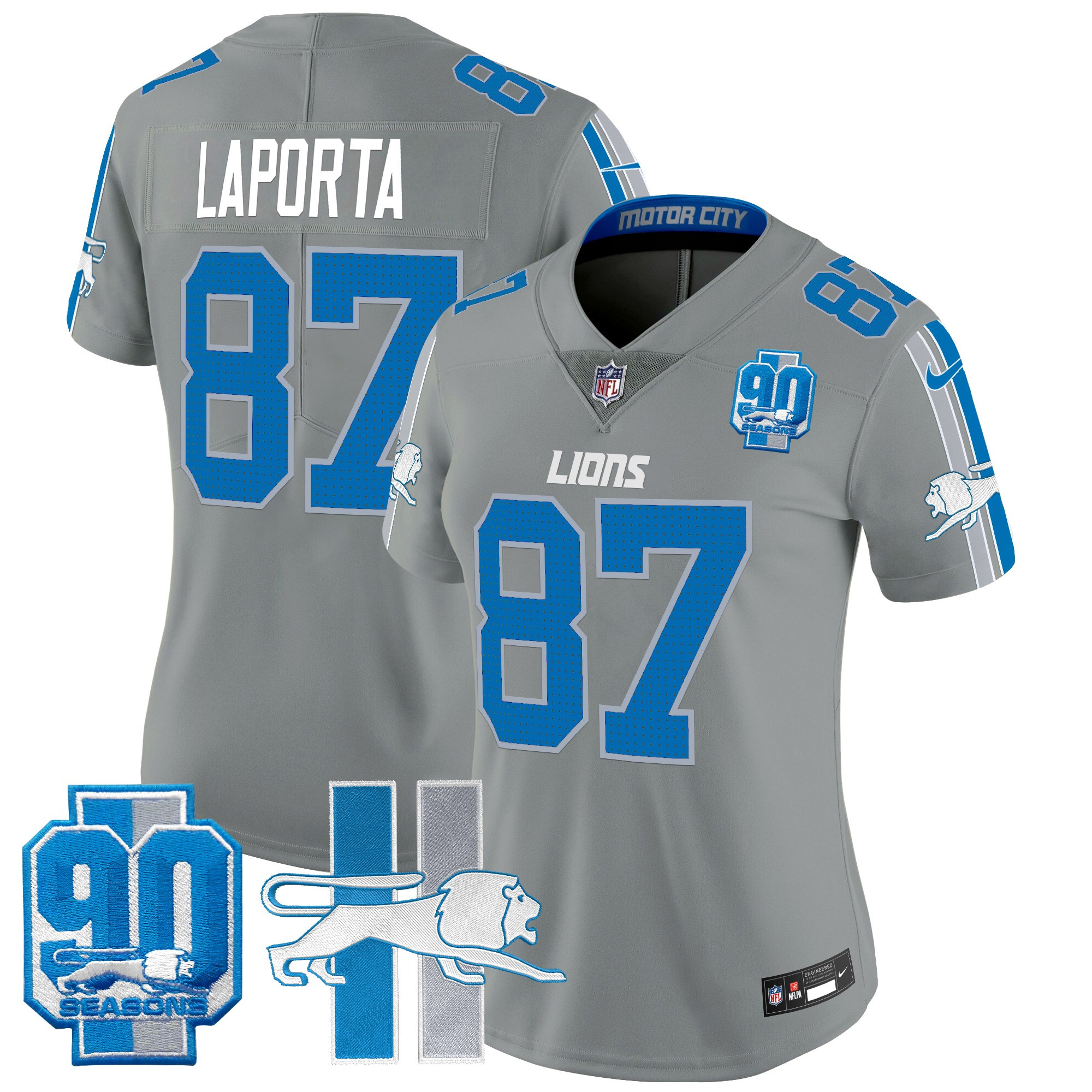 Women's Sam Laporta Detroit Lions Throwback 90th Year Patch Vapor Limited Gray Jersey - All Stitched