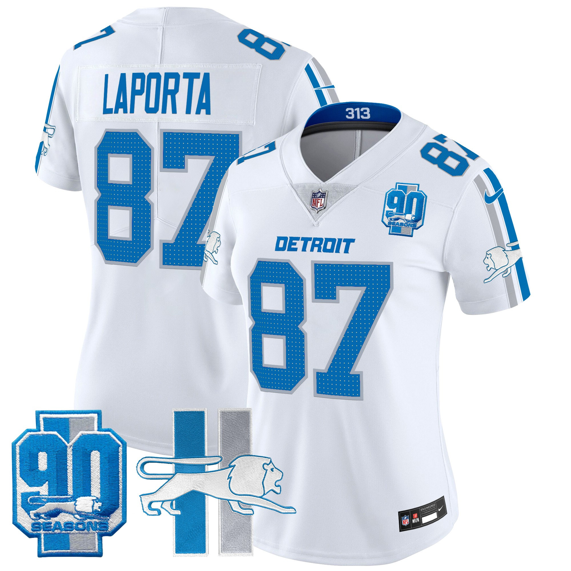 Women's Sam Laporta Detroit Lions Throwback 90th Year Patch Vapor Limited White Jersey - All Stitched