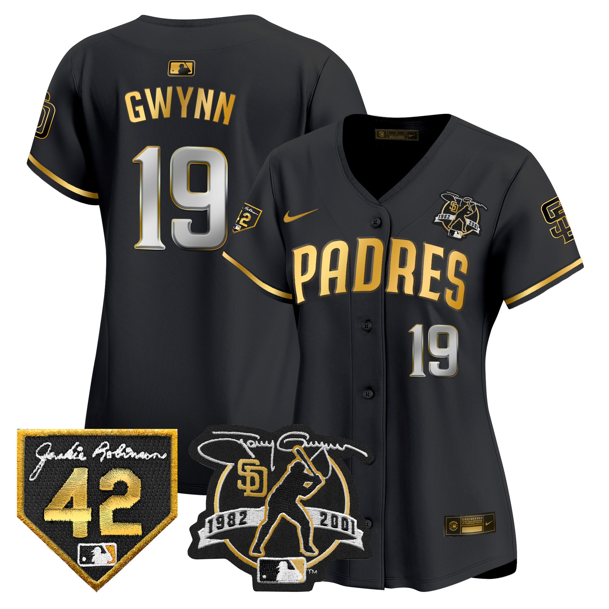 Women's San Diego Padres 2024 Tony Gwynn & Robinson Patch Vapor Premier Limited Black Gold Jersey - All Stitched