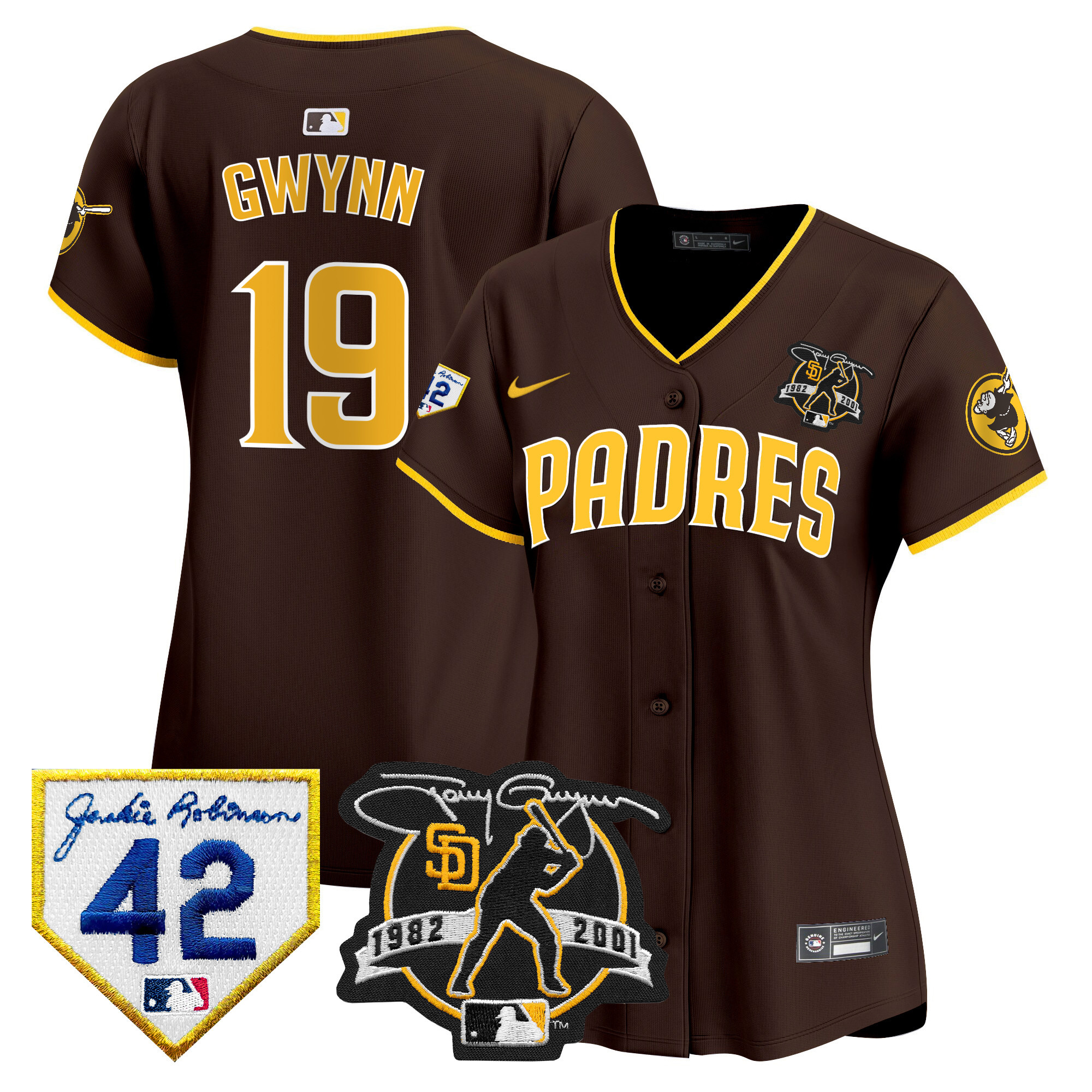 Women's San Diego Padres 2024 Tony Gwynn & Robinson Patch Vapor Premier Limited Brown Jersey - All Stitched