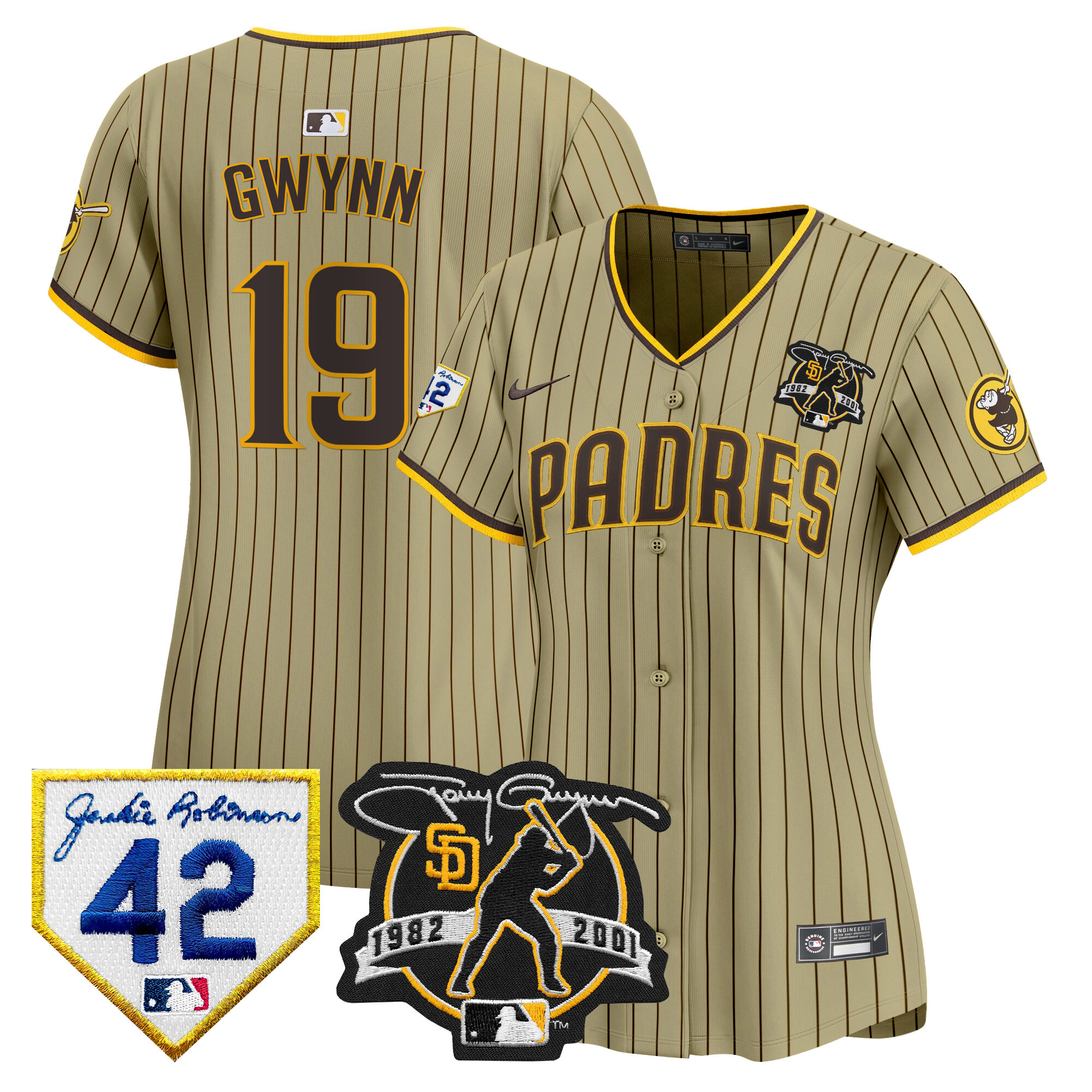 Women's San Diego Padres 2024 Tony Gwynn & Robinson Patch Vapor Premier Limited Tan Jersey - All Stitched
