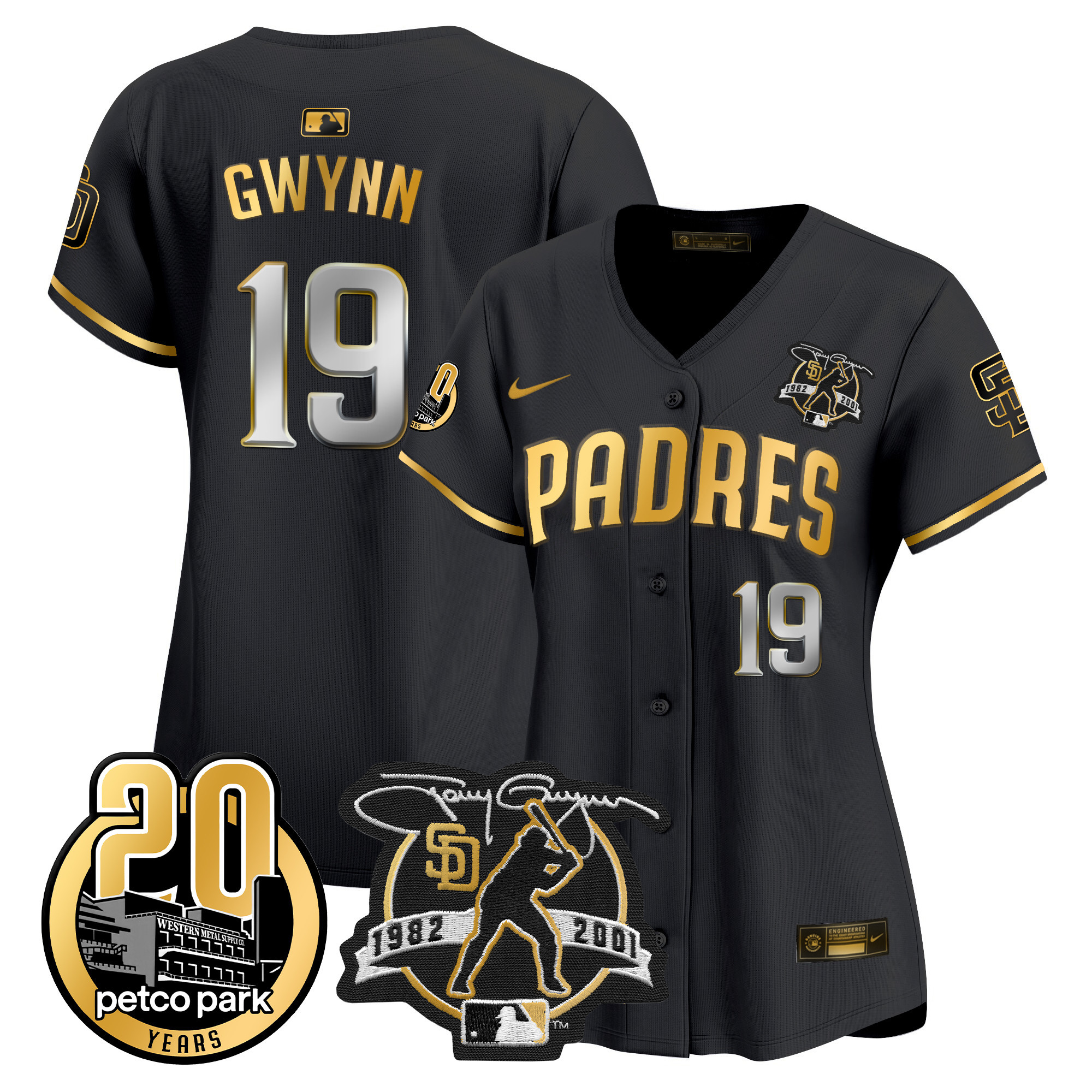 Women's San Diego Padres Tony Gwynn & Petco Park 20th Patch Vapor Premier Limited Black Gold Jersey - All Stitched