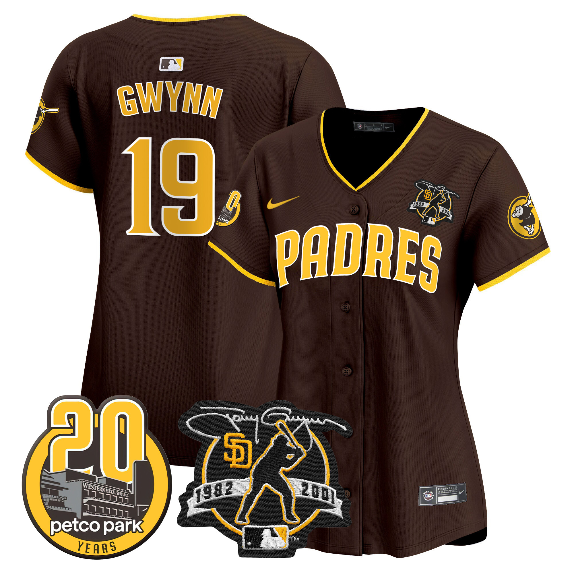 Women's San Diego Padres Tony Gwynn & Petco Park 20th Patch Vapor Premier Limited Brown Jersey - All Stitched