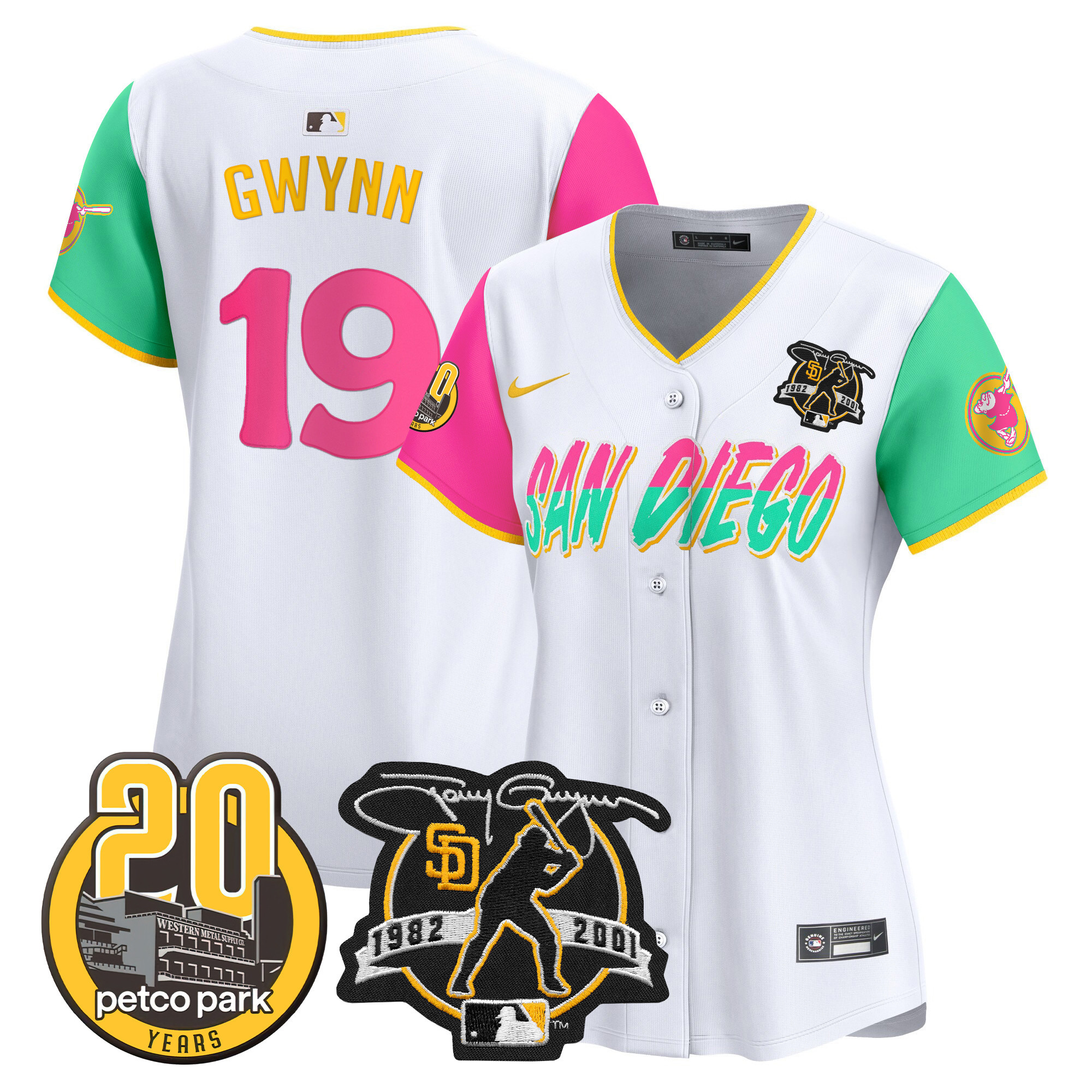 Women's San Diego Padres Tony Gwynn & Petco Park 20th Patch Vapor Premier Limited City Connect Jersey - All Stitched