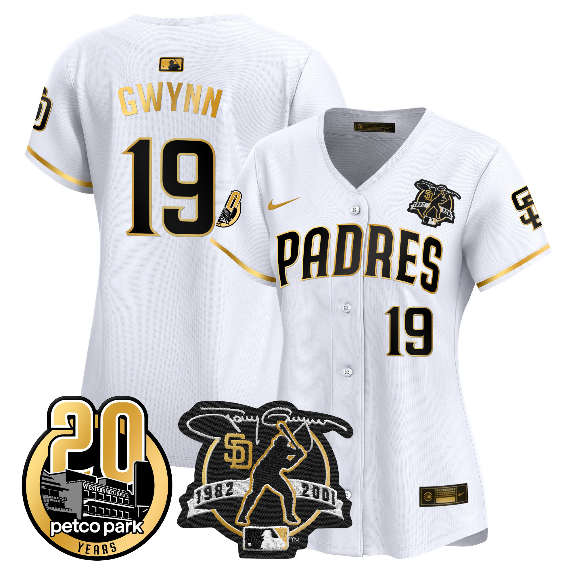 Women's San Diego Padres Tony Gwynn & Petco Park 20th Patch Vapor Premier Limited White Gold Jersey - All Stitched
