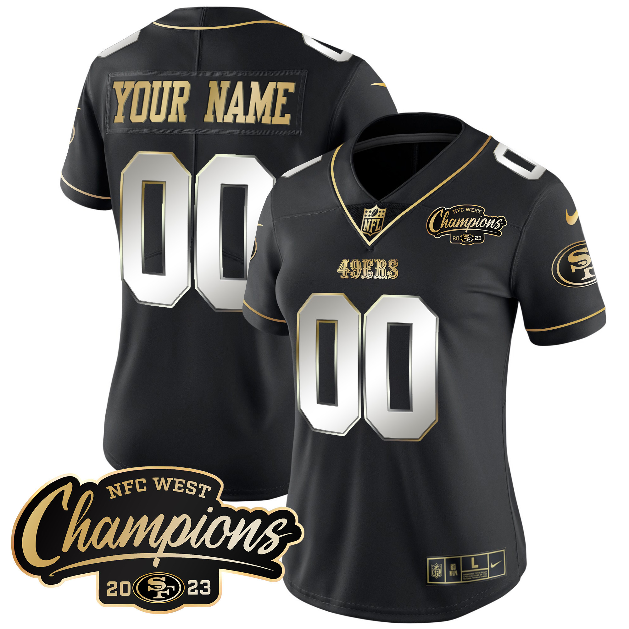 Women's San Francisco 49ers 2023 NFC West Champions Patch Vapor Custom Black Limited Jersey - All Stitched