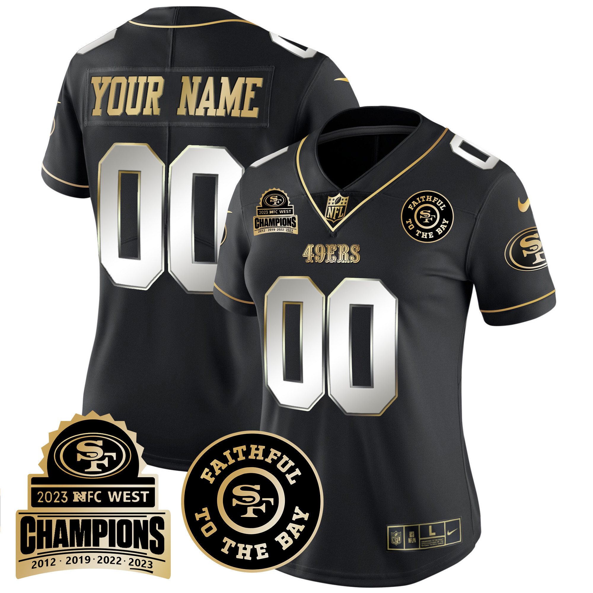 Women's San Francisco 49ers 2023 NFC West Champions Patch Vapor Custom Black Limited Jersey V3 - All Stitched