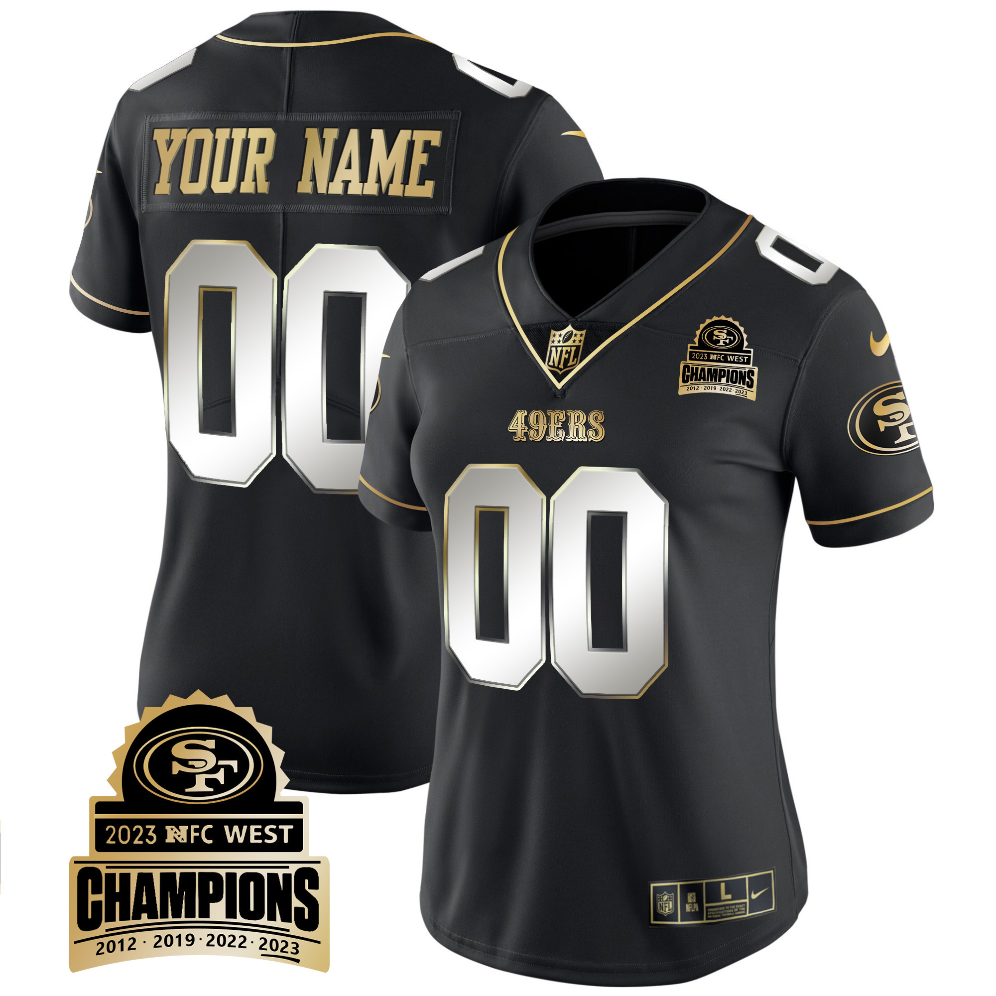 Women's San Francisco 49ers 2023 NFC West Champions Patch Vapor Custom Black Limited Jersey V4 - All Stitched