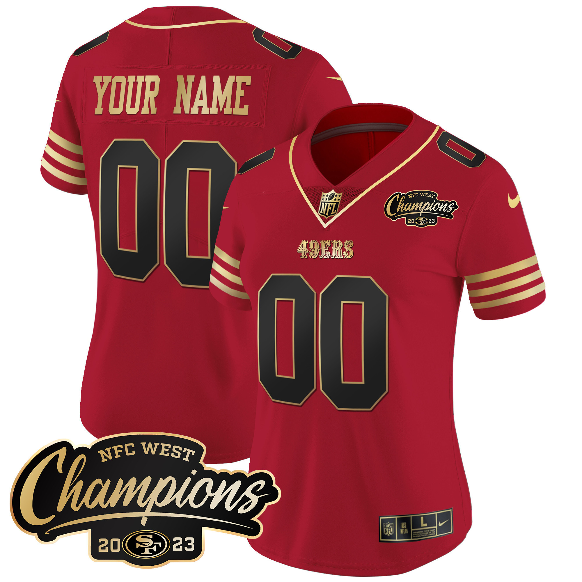 Women's San Francisco 49ers 2023 NFC West Champions Patch Vapor Custom Black Scarlet Jersey - All Stitched