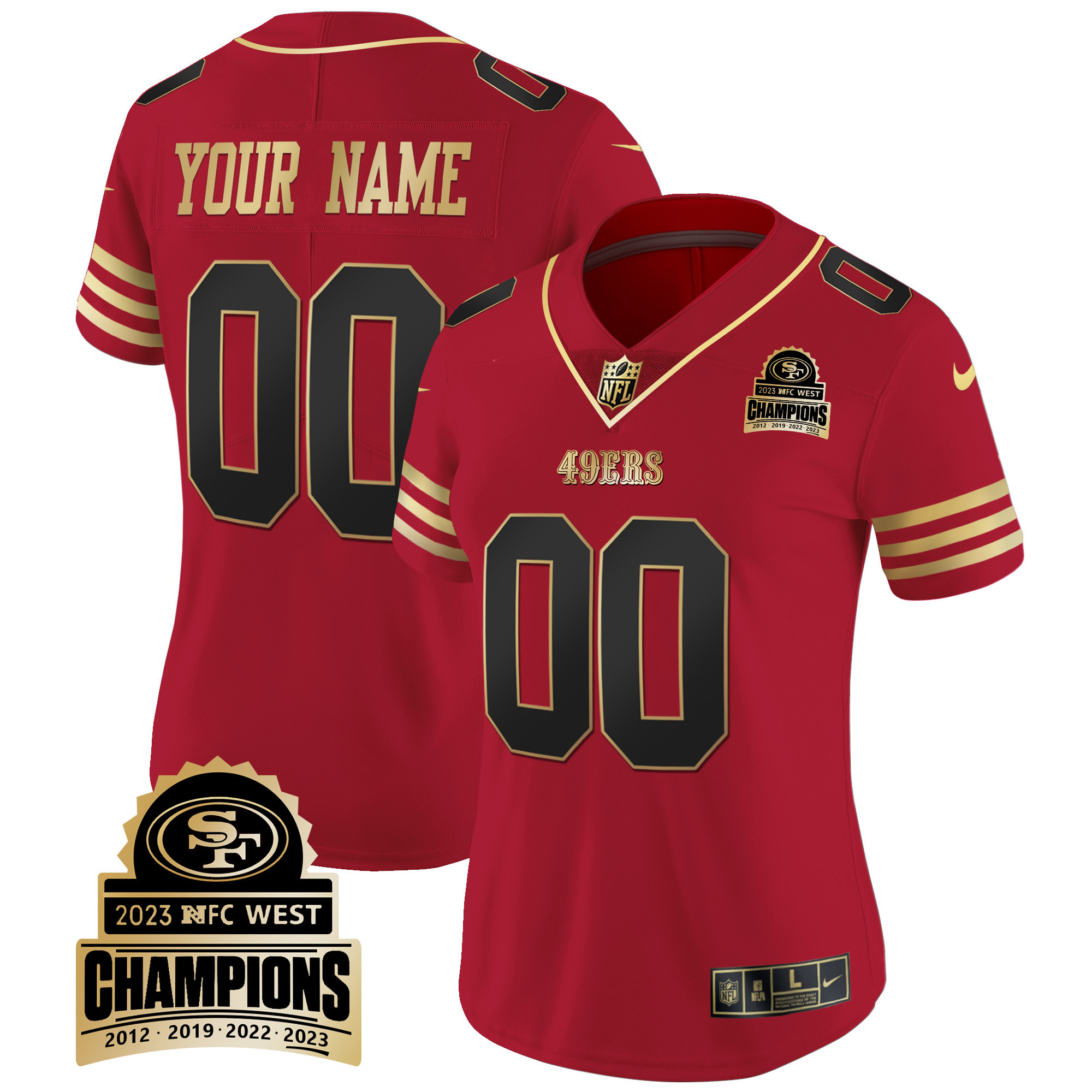 Women's San Francisco 49ers 2023 NFC West Champions Patch Vapor Custom Black Scarlet Jersey V4 - All Stitched