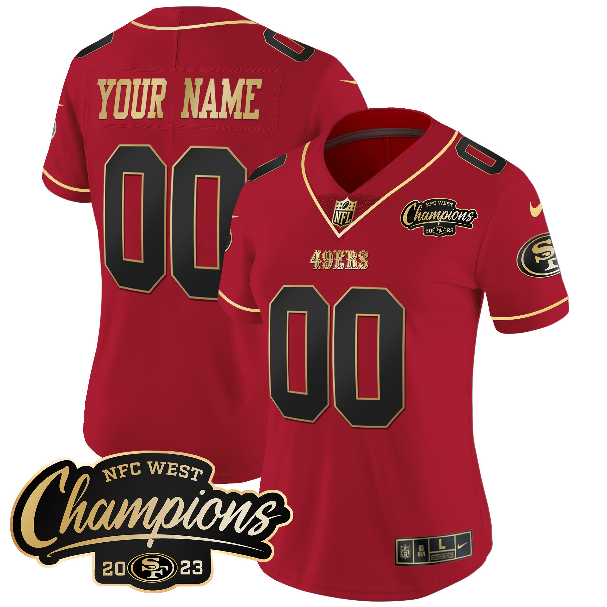 Women's San Francisco 49ers 2023 NFC West Champions Patch Vapor Custom Scarlet Limited Jersey - All Stitched