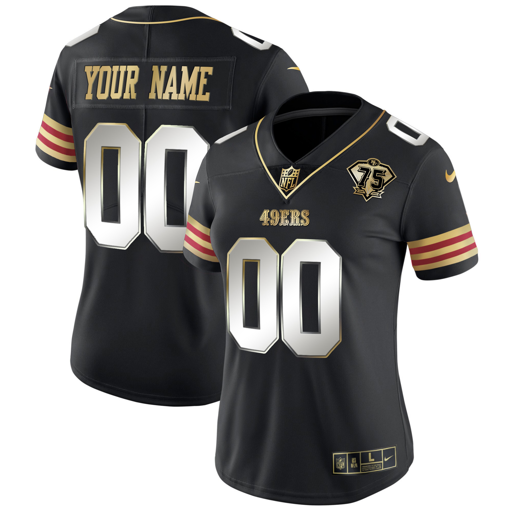 Women's San Francisco 49ers 75th Anniversary Patch Vapor Gold Custom Black Limited Jersey V2 - All Stitched
