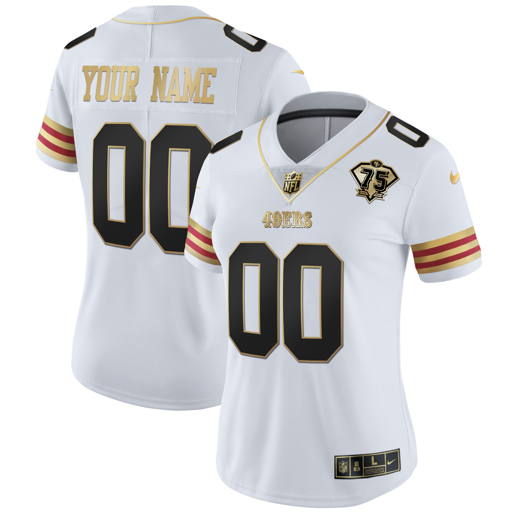 Women's San Francisco 49ers 75th Anniversary Patch Vapor Gold Custom White Gold Jersey V2 - All Stitched