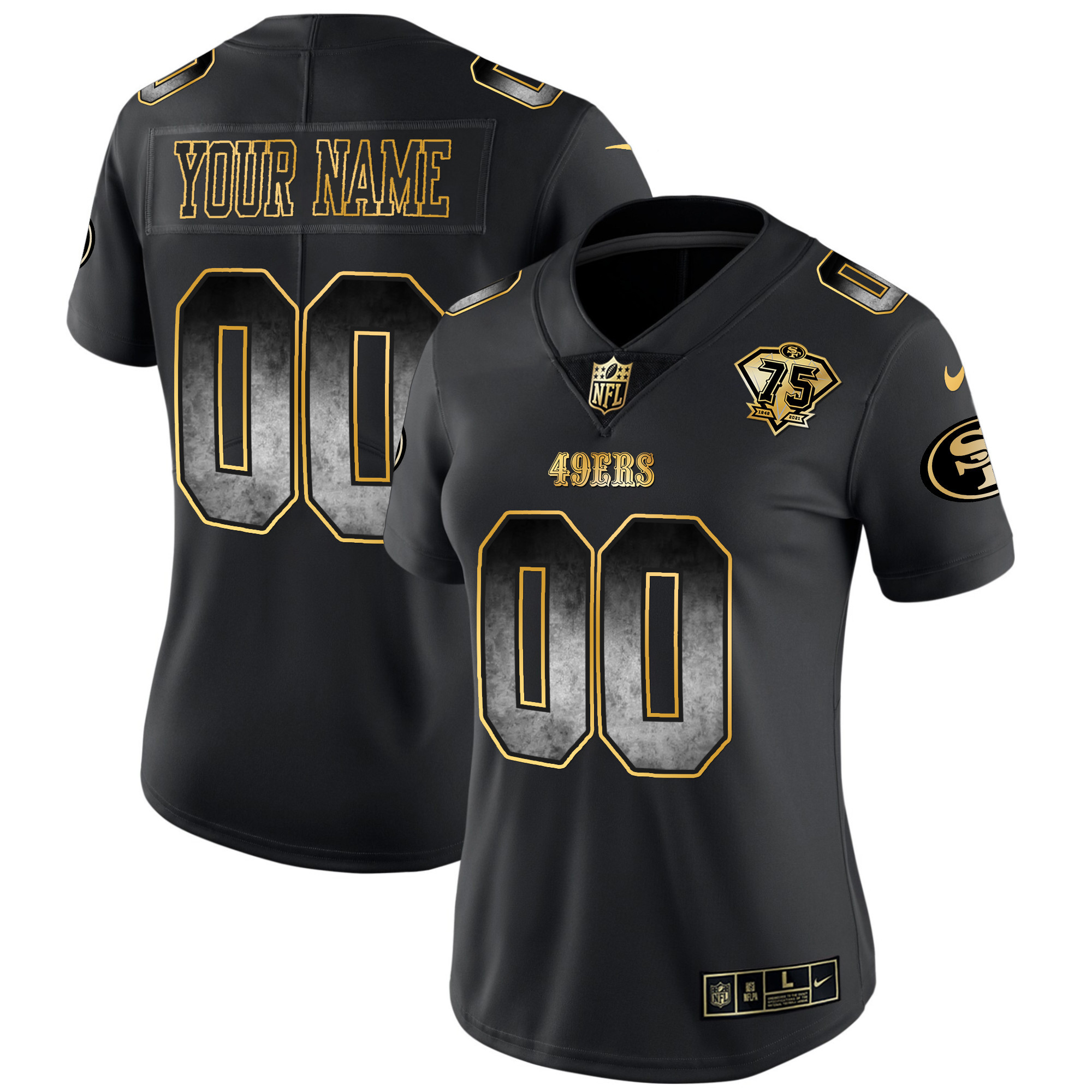 Women's San Francisco 49ers Arch Smoke Vapor Custom Black Gold Jersey - All Stitched