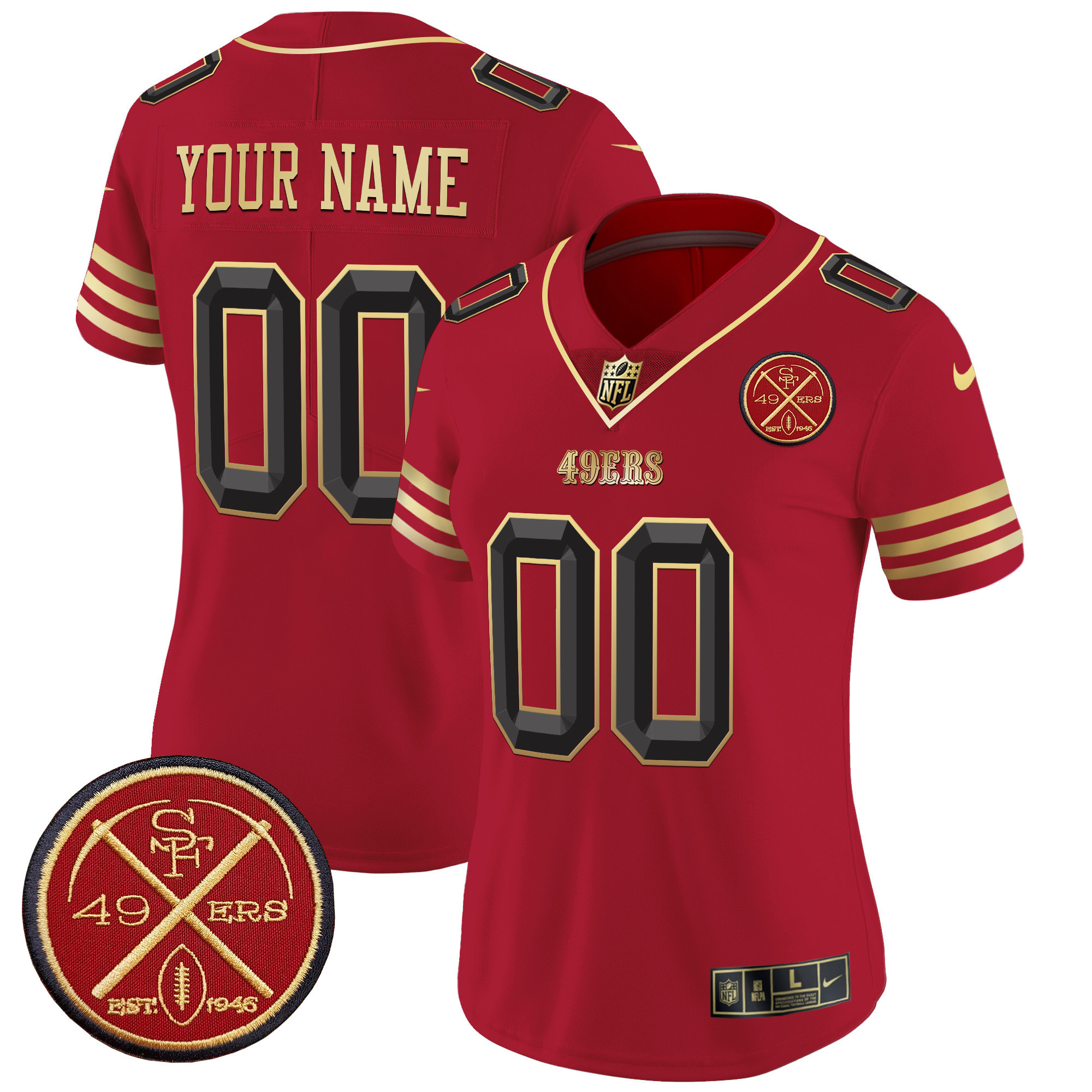 Women's San Francisco 49ers Est.1946 Patch Vapor Limited Custom Black Scarlet Jersey V2 - All Stitched