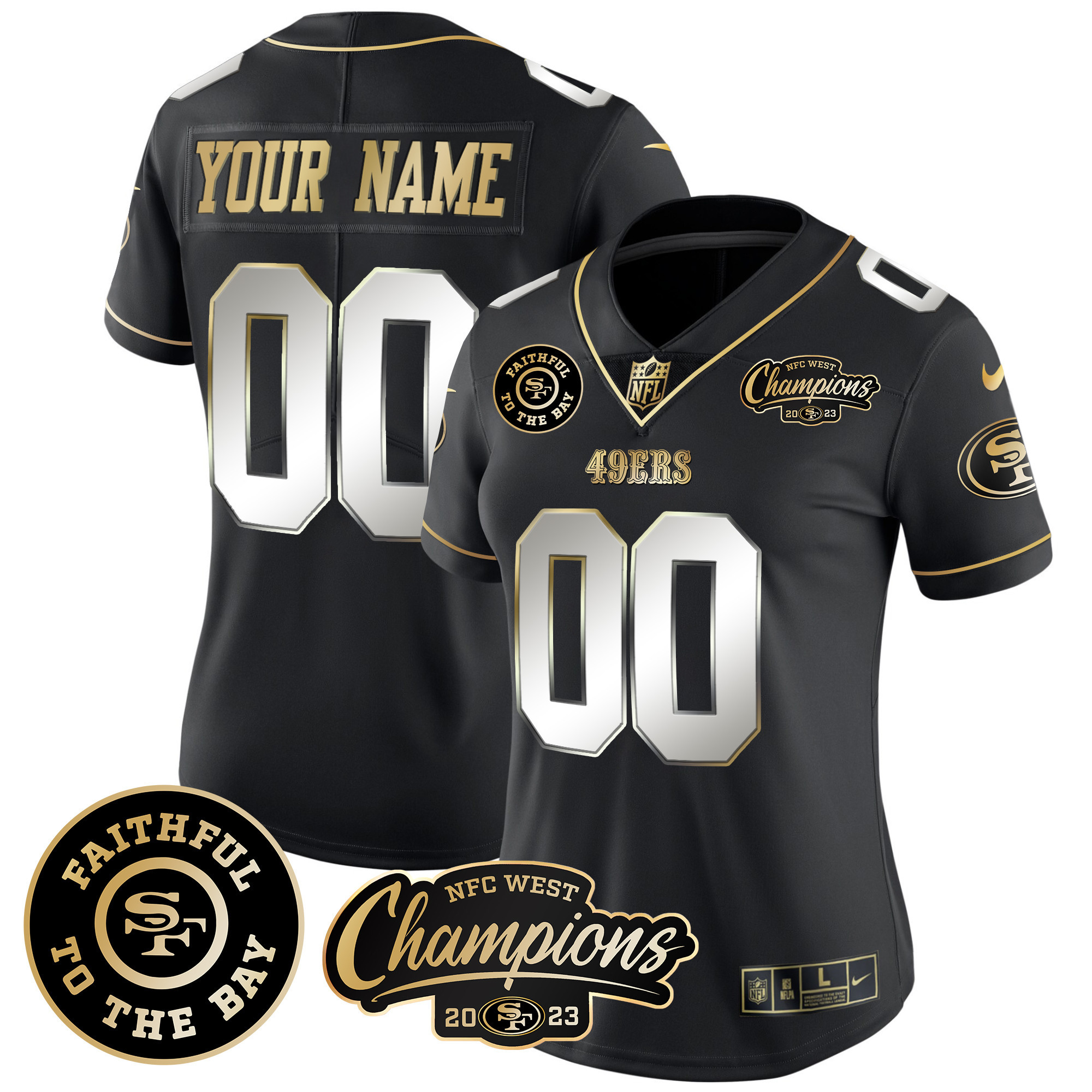 Women's San Francisco 49ers Faithful & 2023 NFC West Champions Patch Vapor Custom Black Limited Jersey - All Stitched