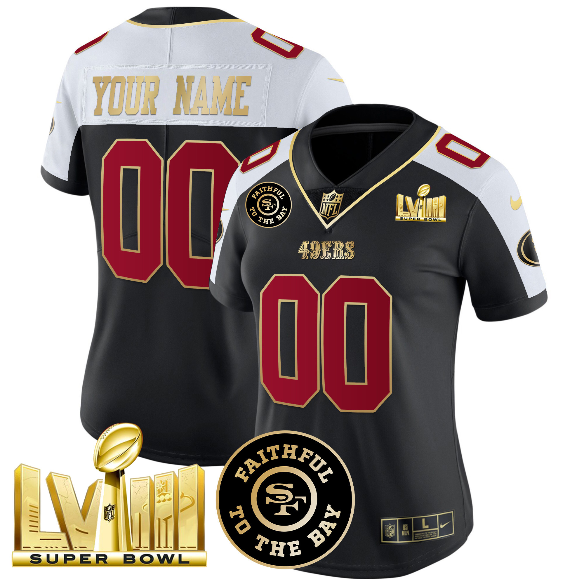 Women's San Francisco 49ers Faithful & Super Bowl LVIII Gold Patch Vapor Custom Black Alternate Jersey - All Stitched