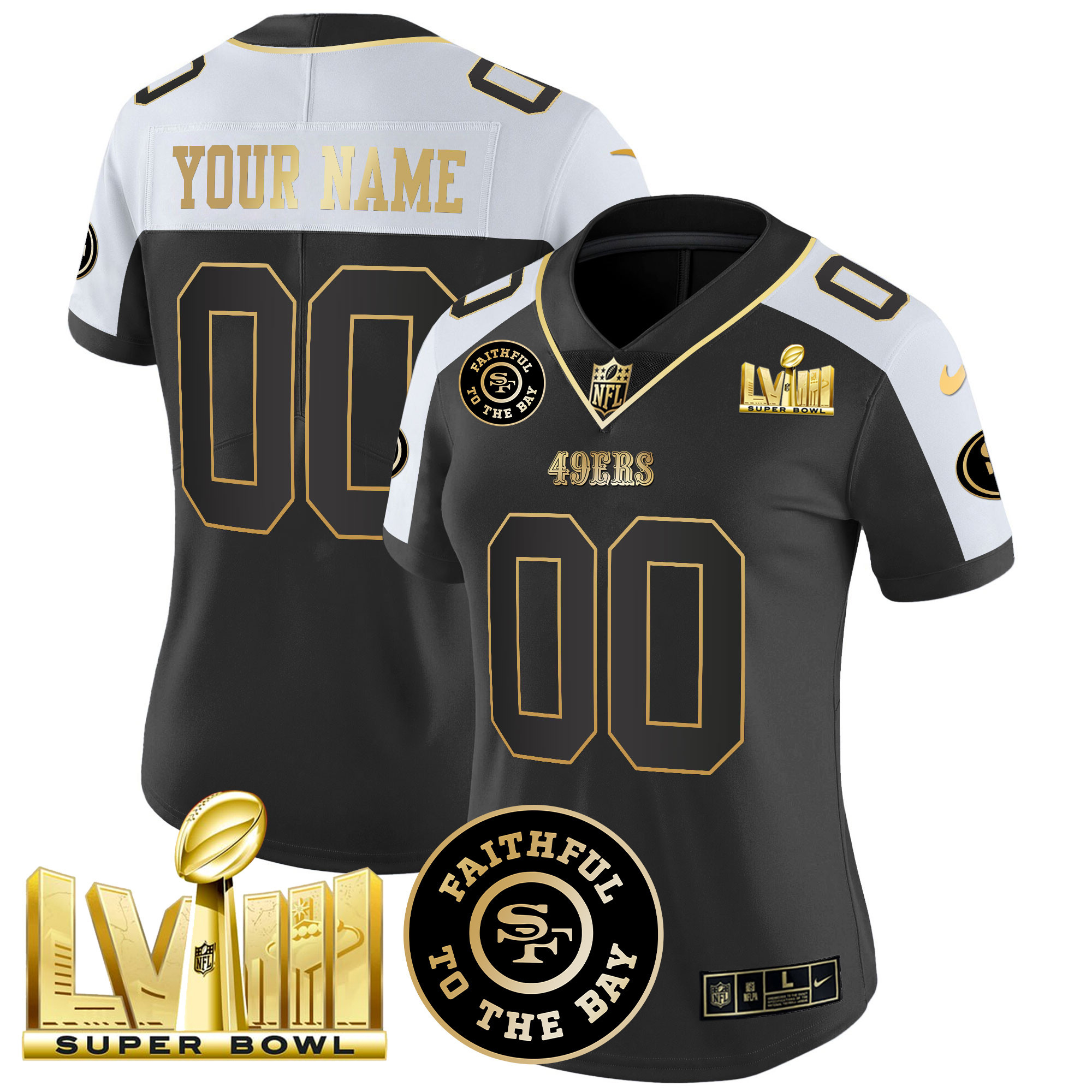 Women's San Francisco 49ers Faithful & Super Bowl LVIII Gold Patch Vapor Custom Black Alternate Jersey V2 - All Stitched