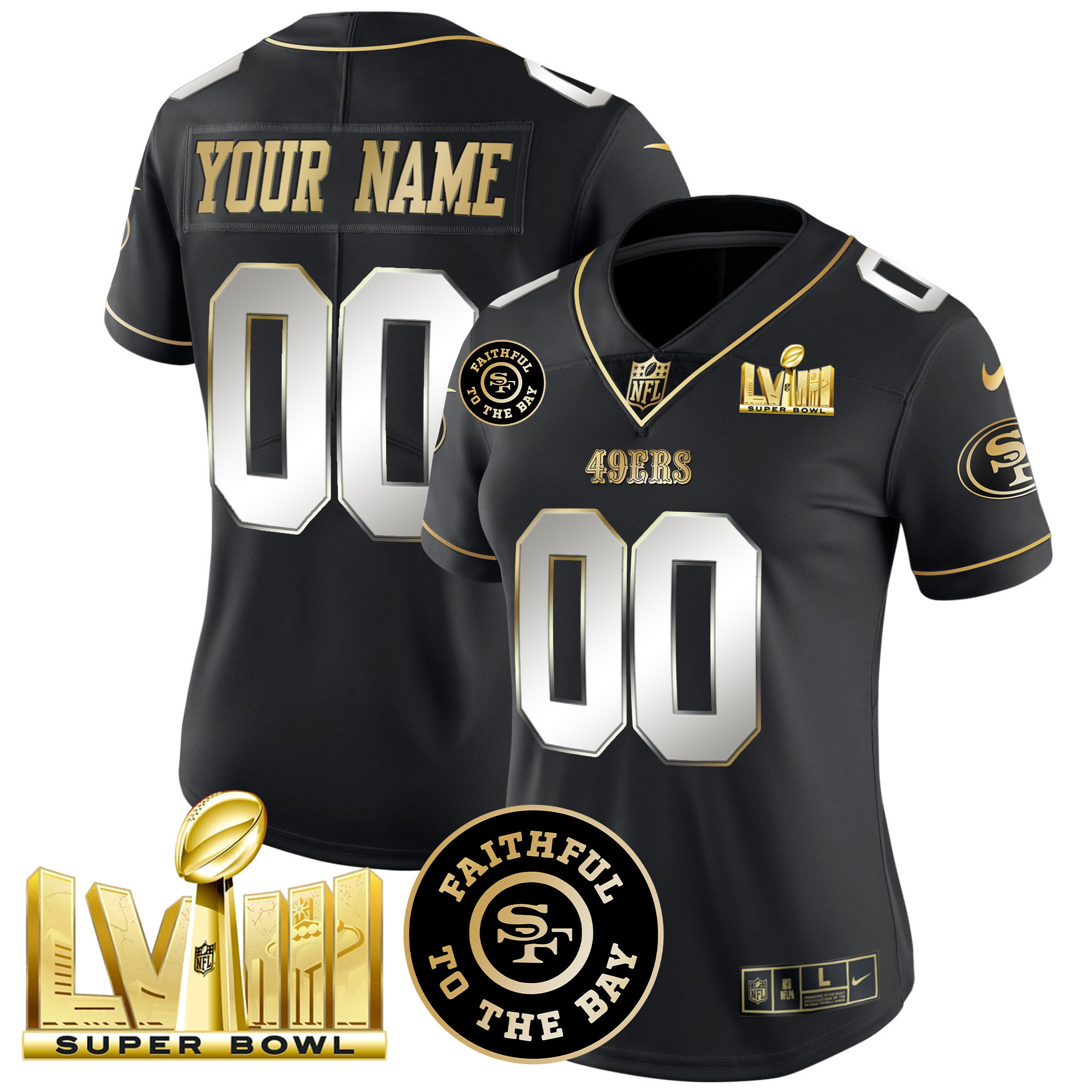 Women's San Francisco 49ers Faithful & Super Bowl LVIII Gold Patch Vapor Custom Black Limited Jersey - All Stitched