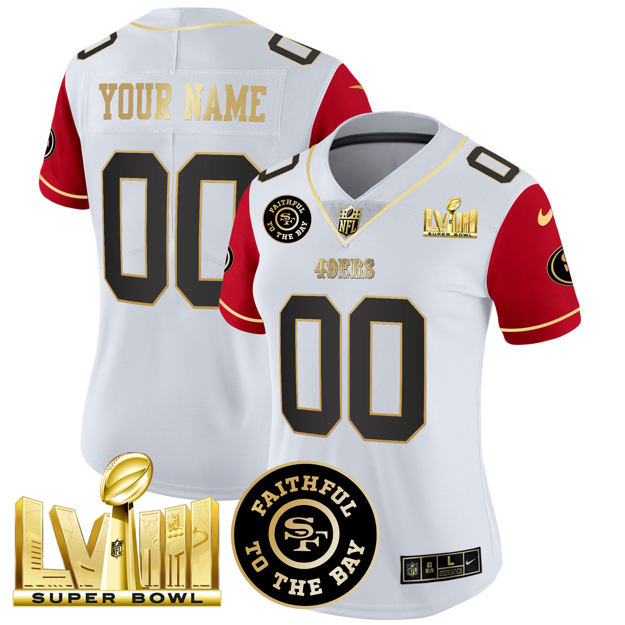 Women's San Francisco 49ers Faithful & Super Bowl LVIII Gold Patch Vapor Custom Color Sleeves Jersey V2 - All Stitched