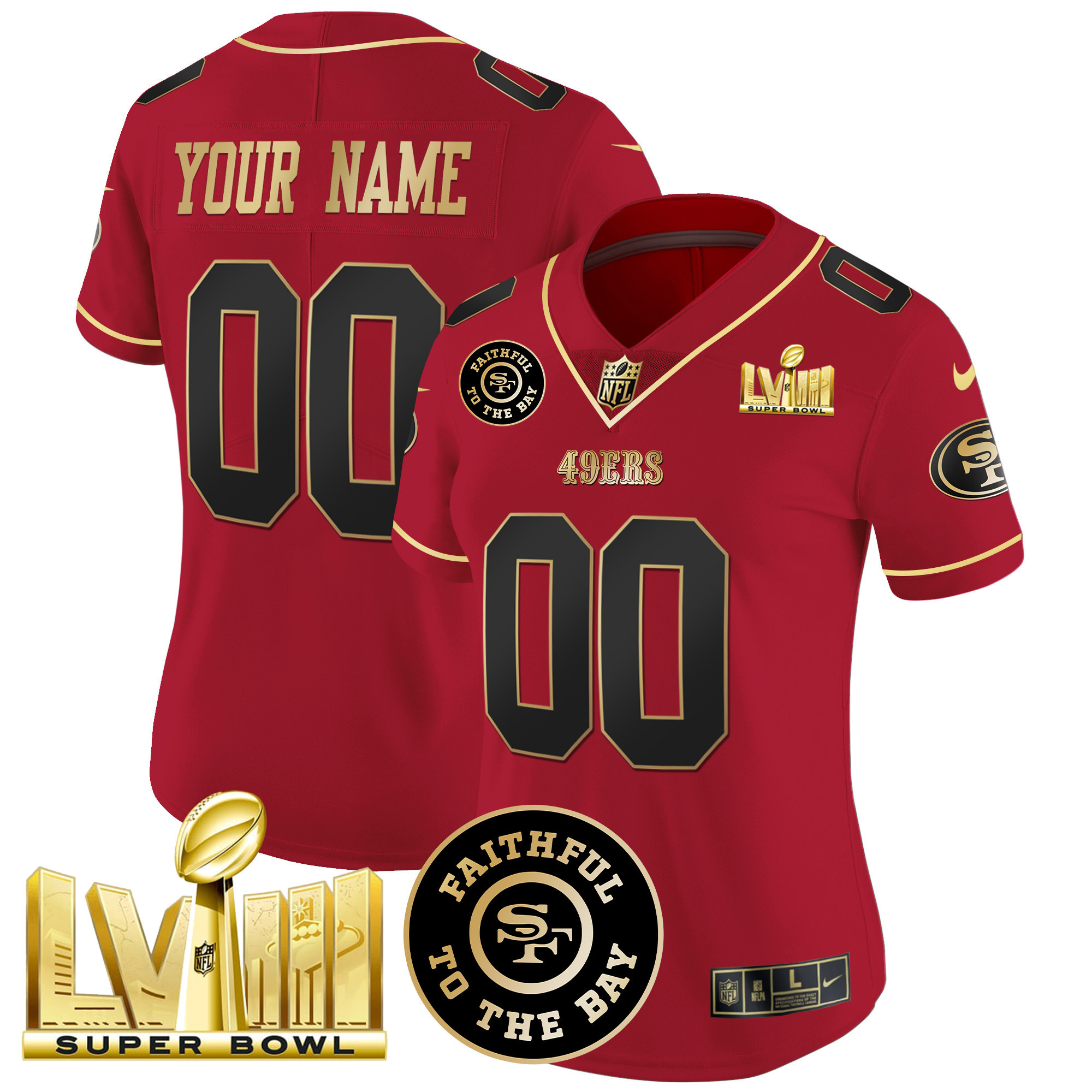 Women's San Francisco 49ers Faithful & Super Bowl LVIII Gold Patch Vapor Custom Scarlet Limited Jersey - All Stitched