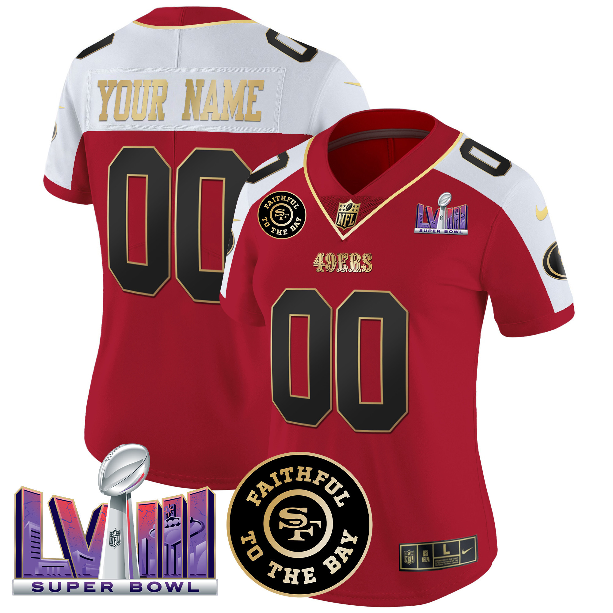 Women's San Francisco 49ers Faithful & Super Bowl LVIII Patch Vapor Custom Alternate Jersey - All Stitched
