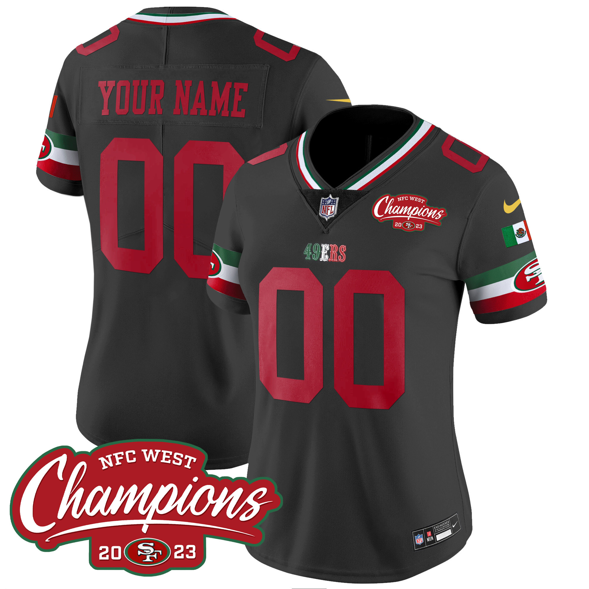 Women's San Francisco 49ers Mexico 2023 NFC West Champions Patch Vapor Custom Black Jersey - All Stitched